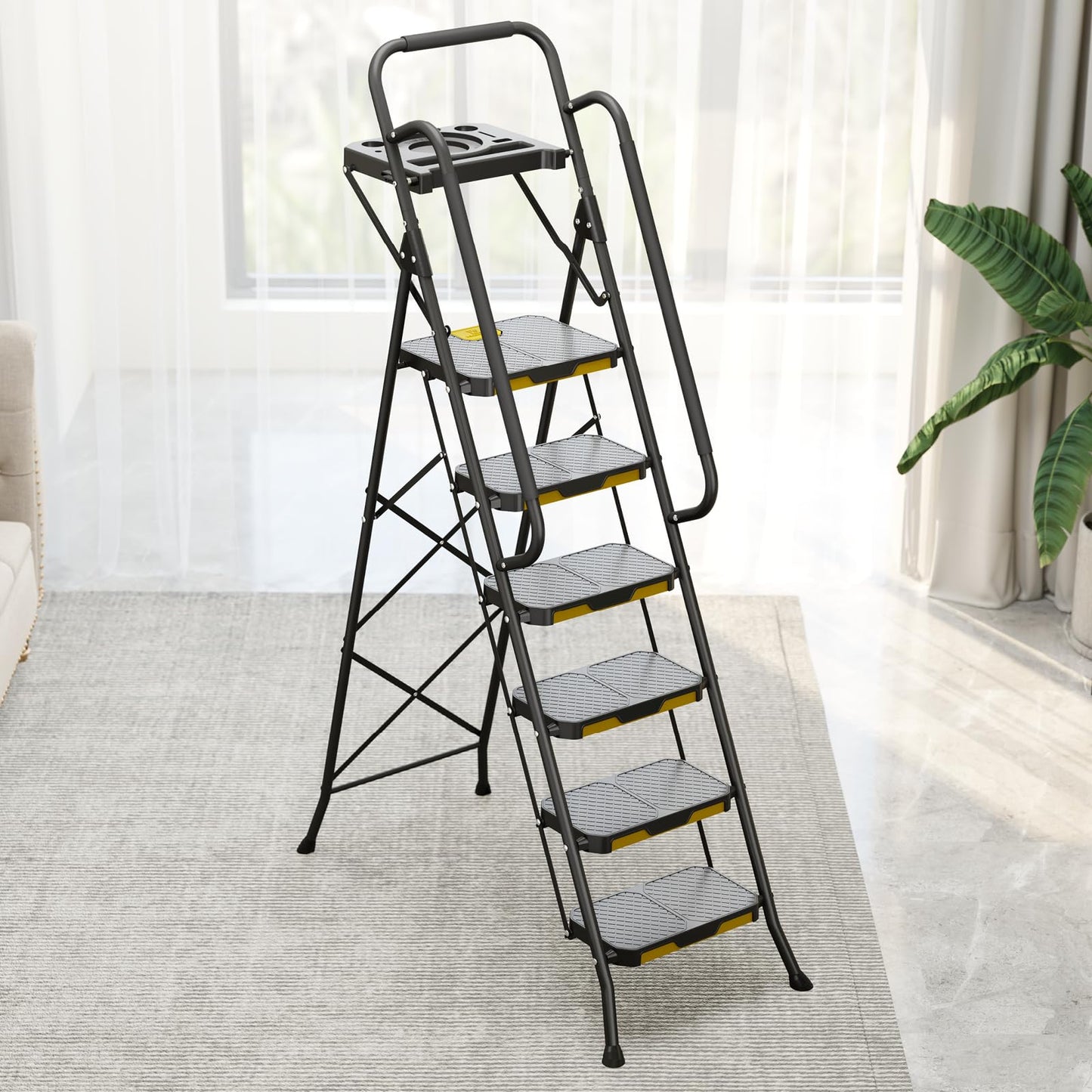 KINGRACK 6 Step Ladder with Tool Platform, Folding Step Stool with Handrails, Sturdy Steel Ladder with Wide Pedal, 800 LBS Portable Safety Ladder for Painting Home Outdoor Garage
