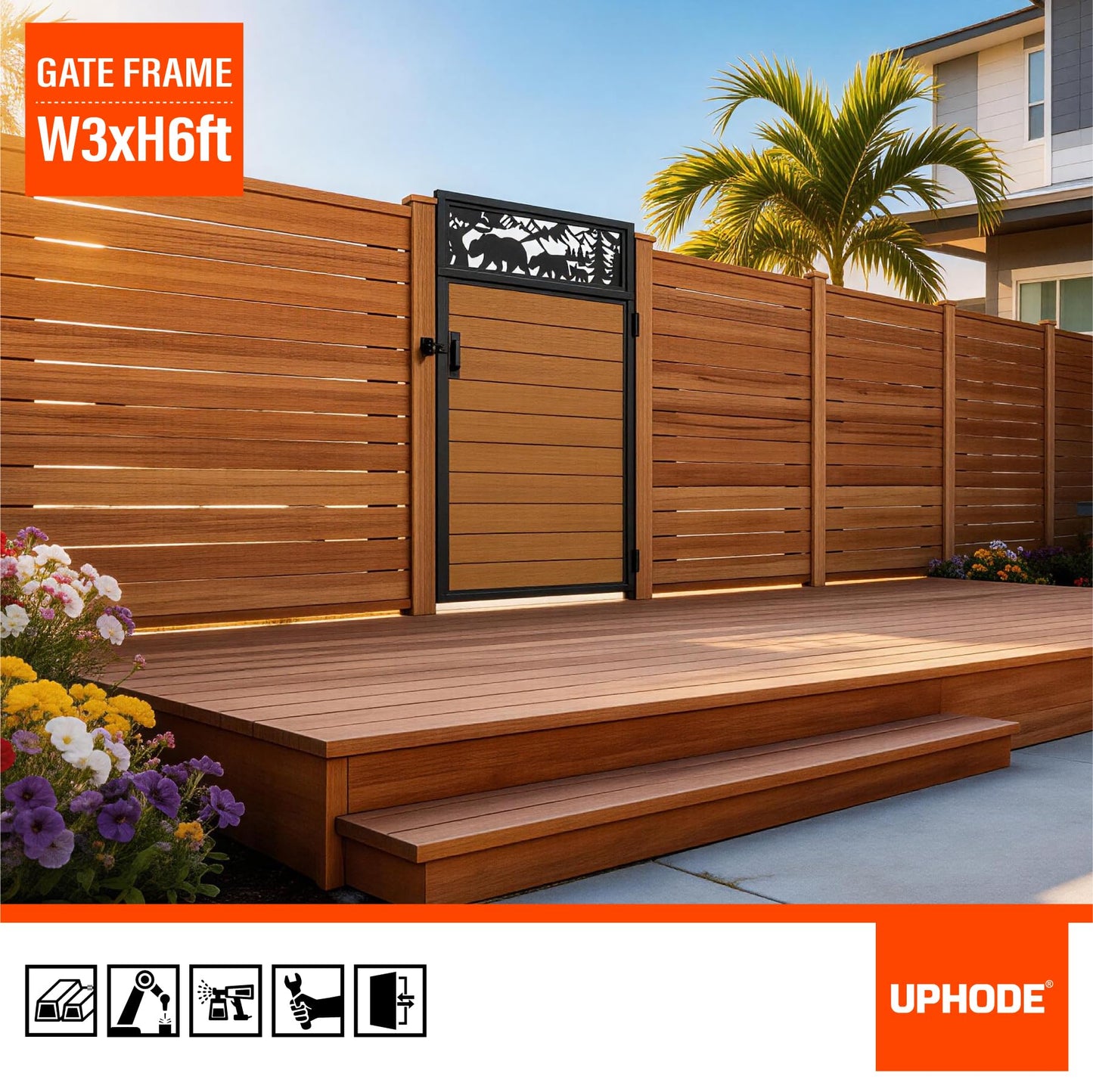 Uphode 3x6FT(34.8" x 70.8") 201 Stainless Steel Fence Gate Kit Heavy Duty, Anti Sag Metal Fence Gate Frame Kit with Board, Morden Garden Gate Hardware Kit Outdoor (Left/Right Free-Installation)