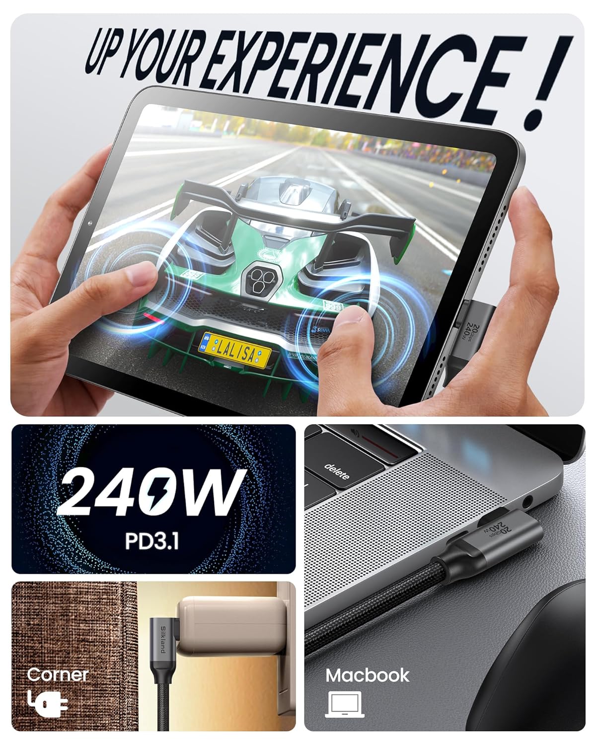 5FT, 8K@30Hz 5K/4K@60Hz 20Gbps 90 3.2 2x2 240W 17, Silkland USB C Monitor Cable Right Angle Display, Data Transfer