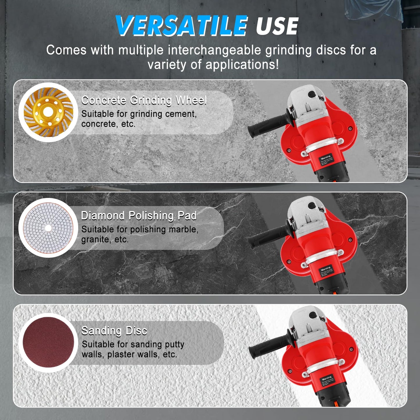 YUCHENGTECH 3 Head Concrete Grinder 4" Concrete Floor Grinder 2800W 6 Speed Concrete Surface Planer with Dust Extraction Shroud & Extendable Rod for Grinding Concrete Cement Marble Granite