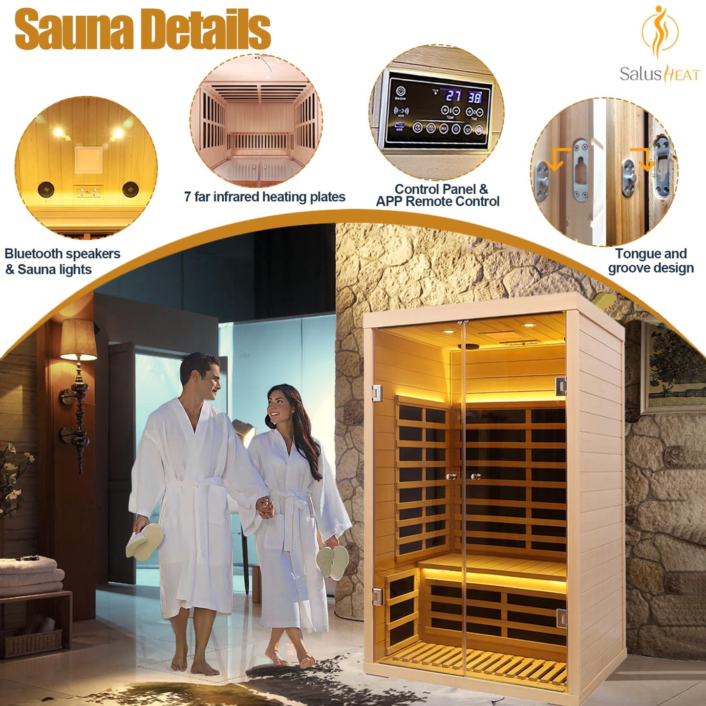 SALUSHEAT 2 Person Infrared Sauna, Low EMF Far Infrared Sauna Hemlock Wooden Sauna for Home, 1780W Indoor Sauna with App & LCD Panel Control, Tempered Glass Doors