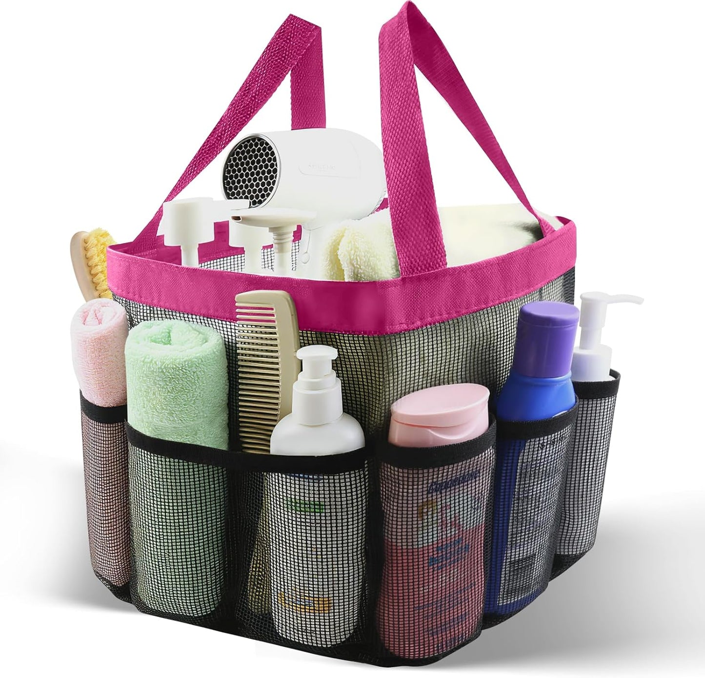 Skiennix Mesh Shower Caddy - Portable Tote Bag with 8 Pockets for Dorm, Gym, Beach & Camping - Rose Red