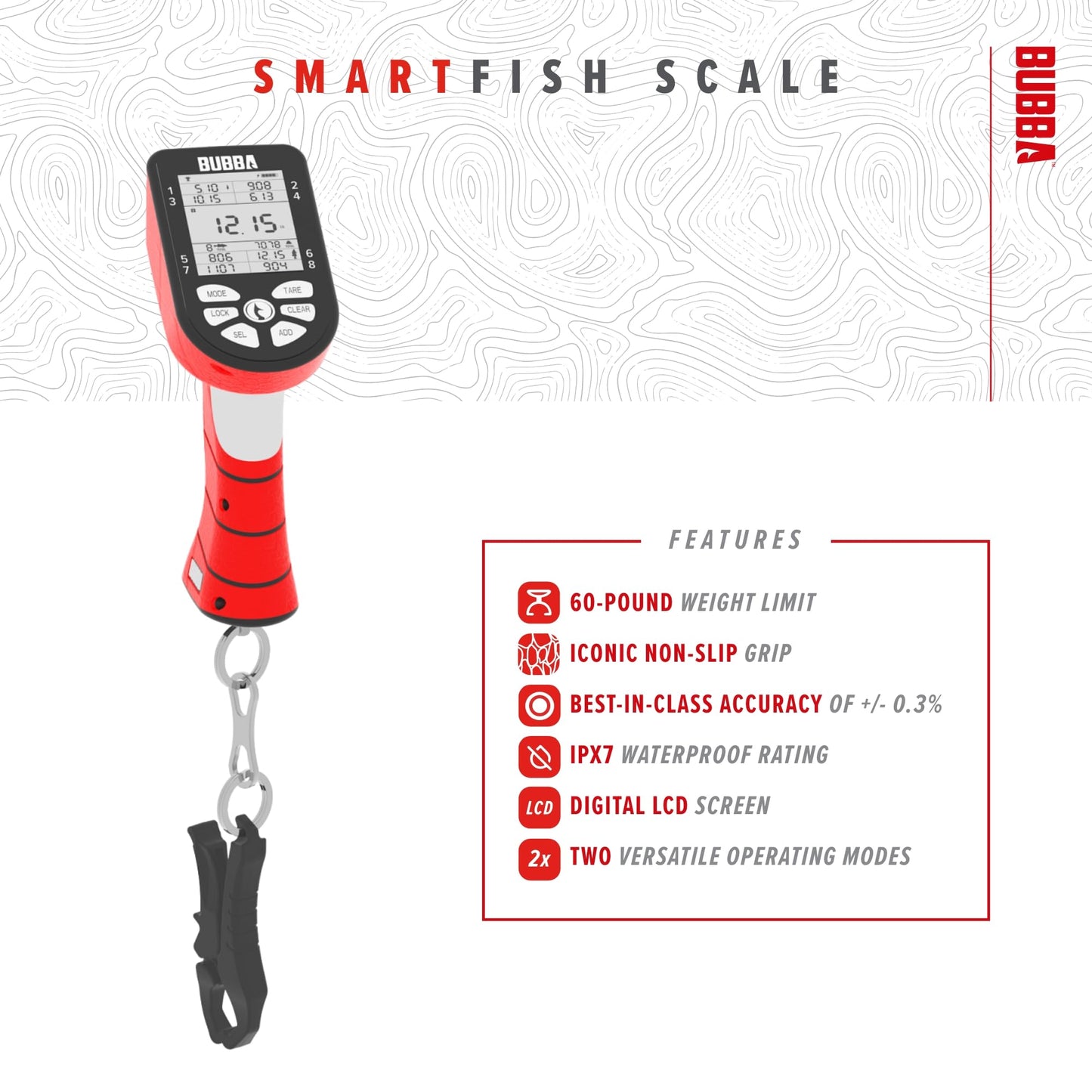 BUBBA Smart Fish Scale -Tournament Fishing Tool - Built in Fish Clip and Hook - 2 Modes, Digital Screen, 60lb Limit