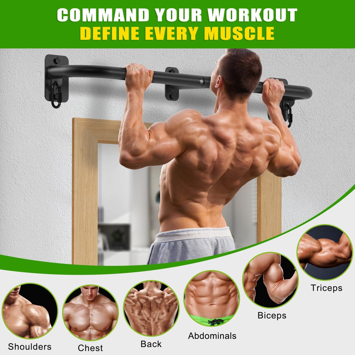SELEWARE Heavy Duty Wall Mount Pull Up Bar, 450LB Capacity Joist Mount Chin Up Bar for Doorway, Sturdy Steel Construction, w/Resistance Band Hooks, Fits 32" Wall Studs for Home Gym Strength Training