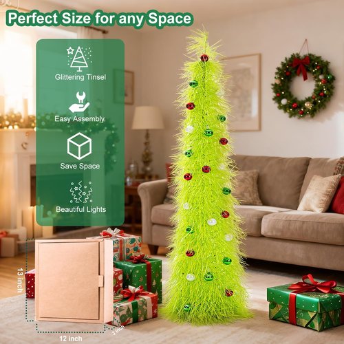 BrilliantJo 5ft Christmas Tree - Collapsible Tinsel Design with Light Balls & Ornaments | Fruit Green Holiday Decor