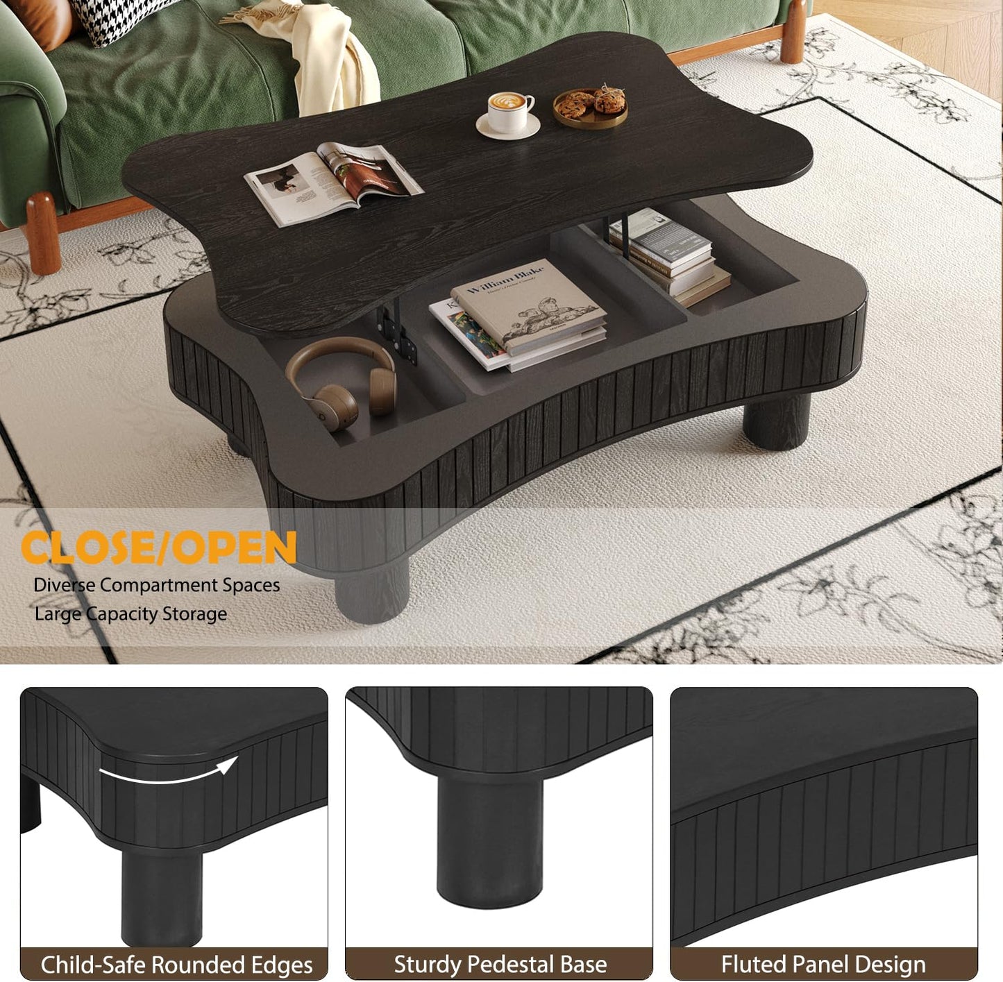 Zurnes Lift Top Coffee Table with Storage, 42" Accent Table for Living Room, Fluted Panel Hidden Storage, Silent Hydraulic Lift, Curved Corners, Easy Assembly, Black