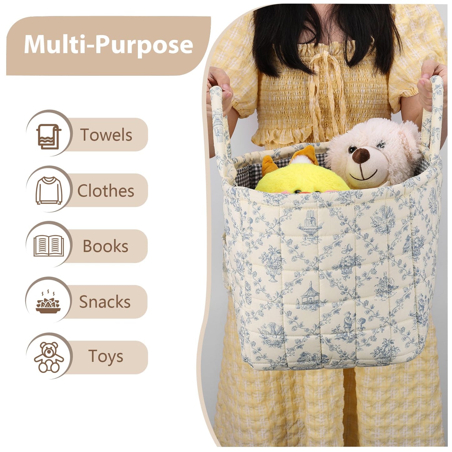 Storage Basket Boho Fabric Large Collapsible Floral Laundry Nursery Hamper Portable Folding Storage for Clothes Toys (Vine-Blue A)
