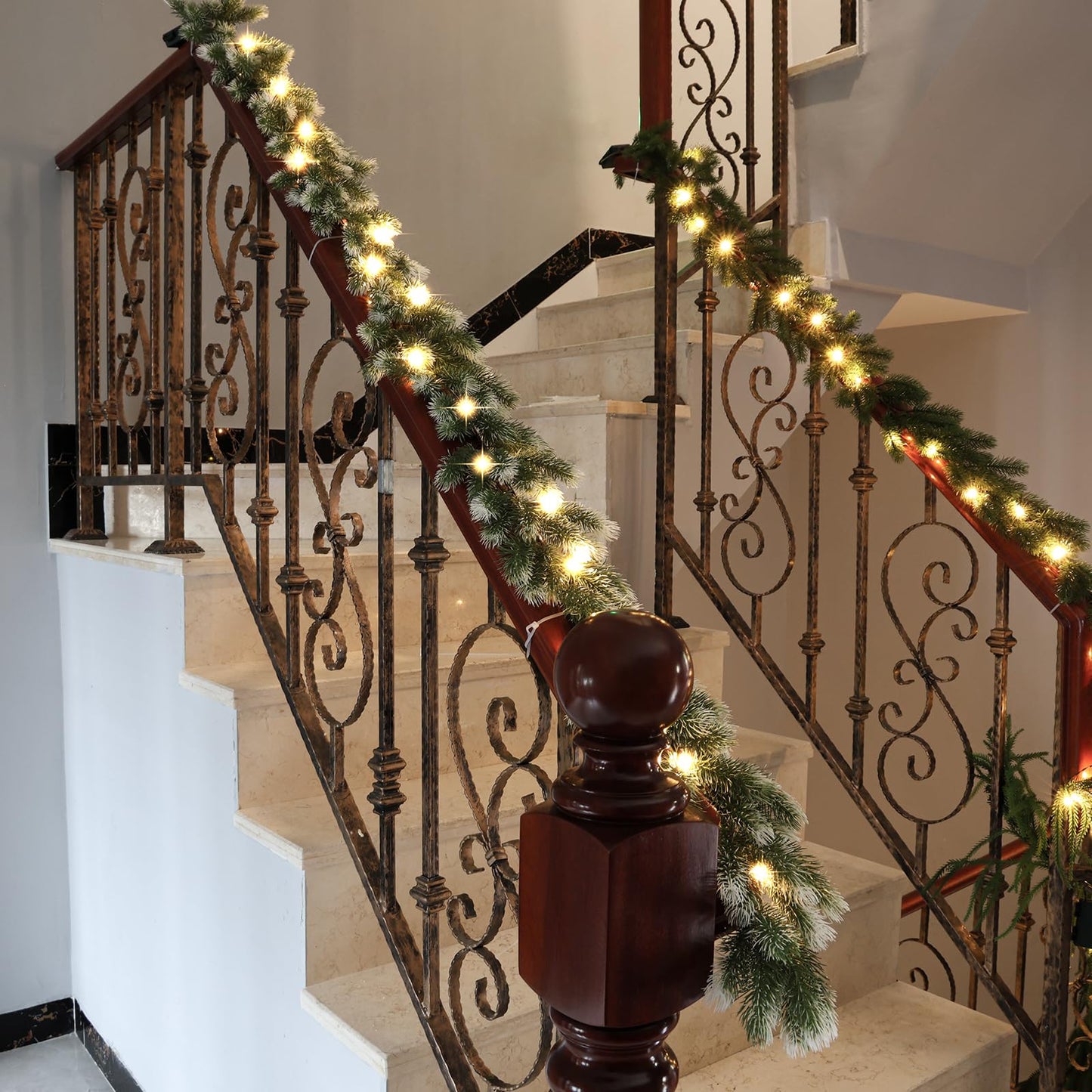 2 Pack Pre Lit Snow Flocked Christmas Garland 6 ft Artificial Christmas Garland with Warm White 30 LED Light and Timer Frosted Faux Pine Winter Garland for Home Indoor Outdoor Mantel Seasonal Decor