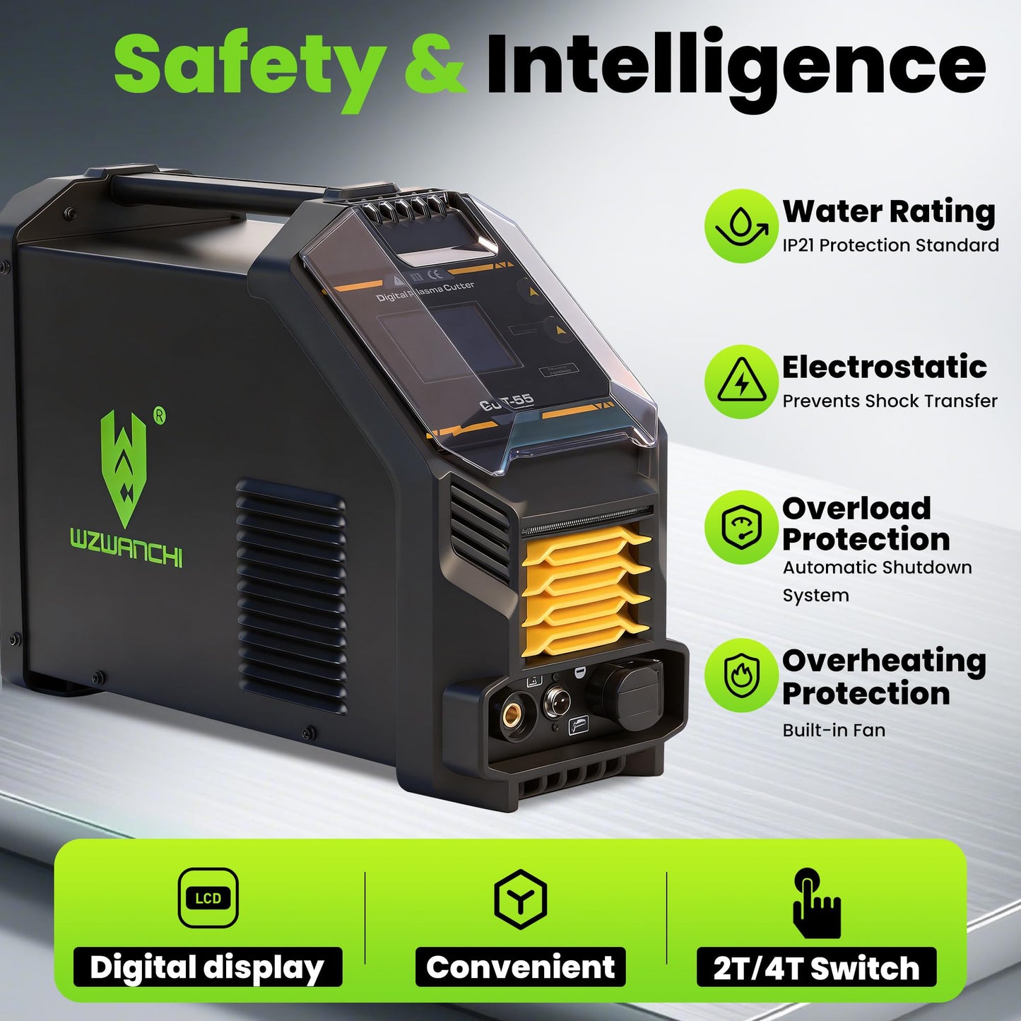 WZWANCHI 55A Plasma Cutter, 【45° Digital LED Display】Pilot ARC HIgh Frequency Plasma Ctting Machine With 2T/4T IGBT Post Gas, Max Cutting 3/5', Clean Cutting 1/2''