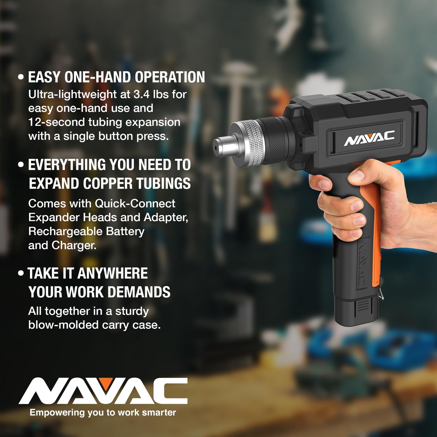 NAVAC NTE11L Power Tubing Expander - Soft or Annealed Copper Swaging Tool - Battery-Operated - One-Button Operation - Quick Connect Expander Heads