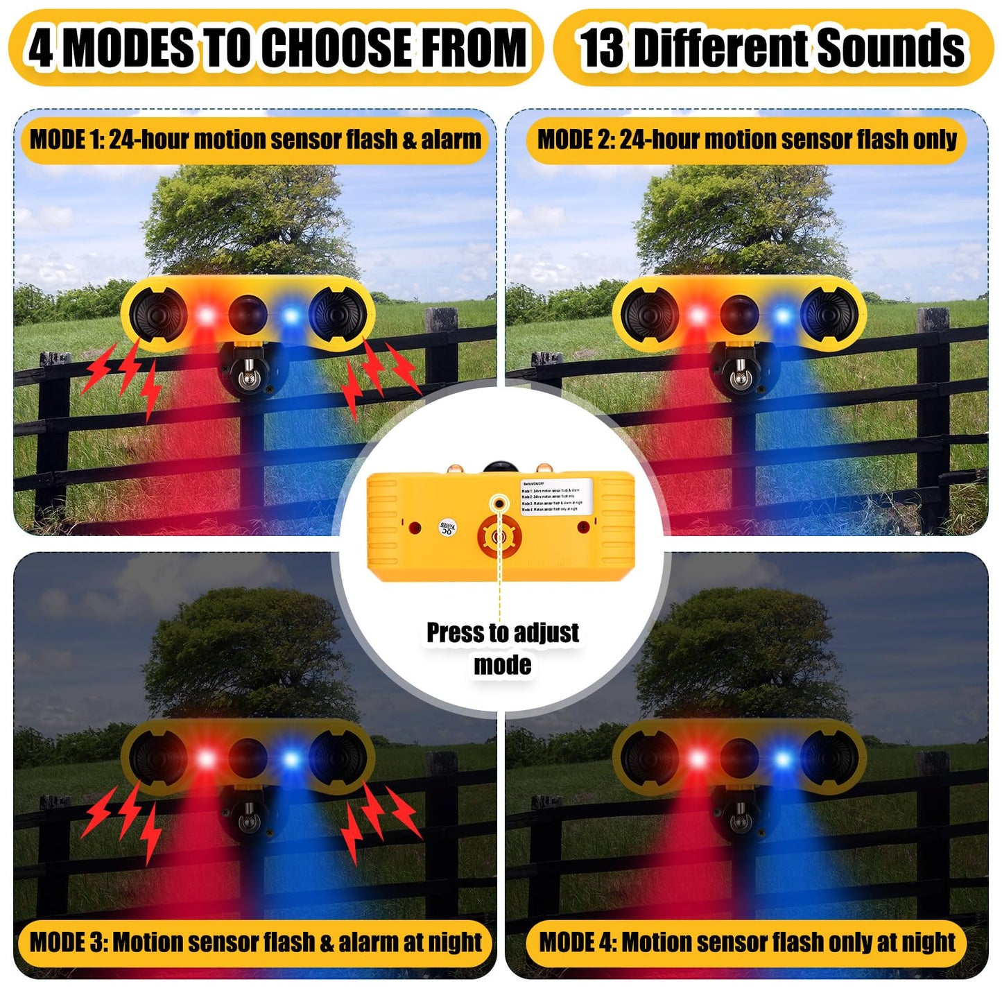 Qualirey 8 Pack Solar Outdoor Motion Sensor Alarm with Stake Animal Deterrent 2 x 129dB Loud Noisemaker 13 Sound Detector Strobe Light, 4 Mode Dog Barking Alarm Sensor on Ground or Fence