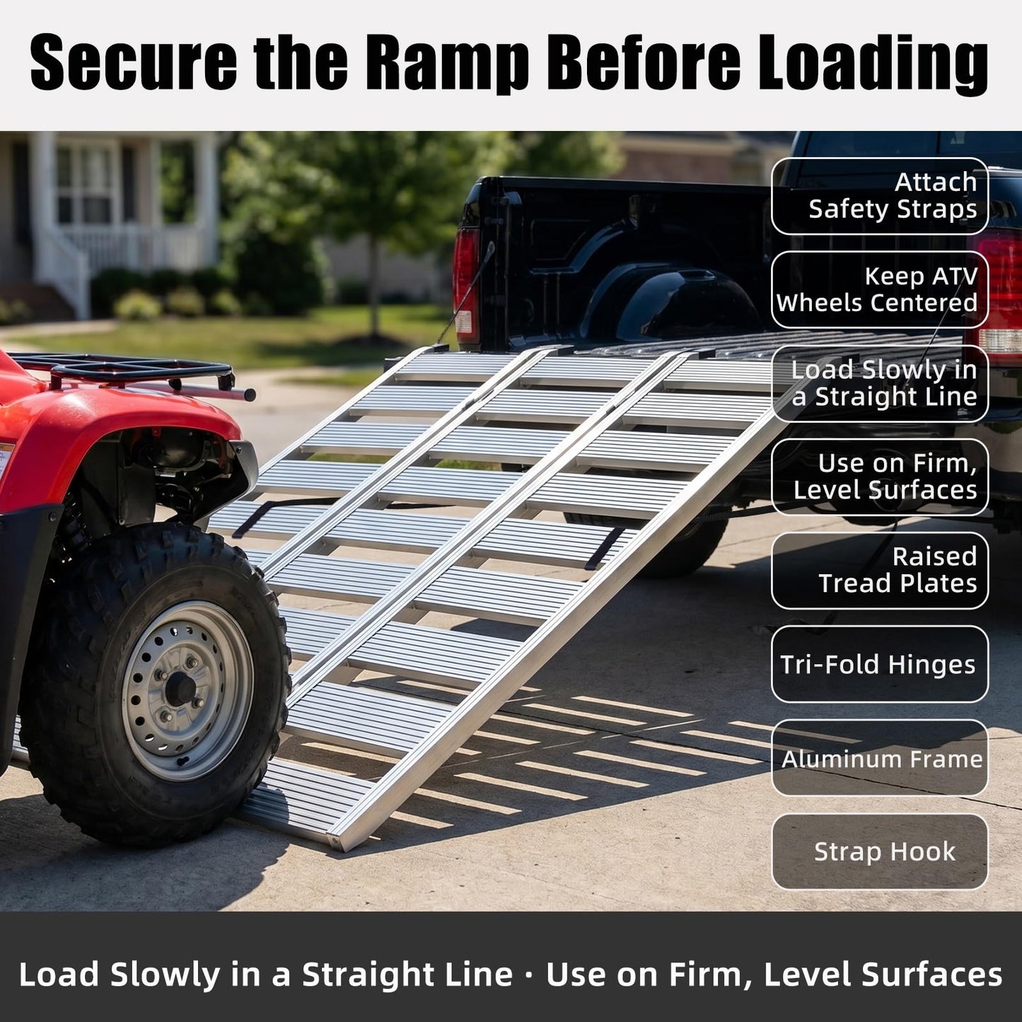 MAXIVAMN Aluminum Tri-Fold ATV Loading Ramp, 76" x 50" Wide Platform, 1500 lb Capacity with Safety Straps for Lawn Mower, Snow Blower, Motorcycle, Pickup Truck