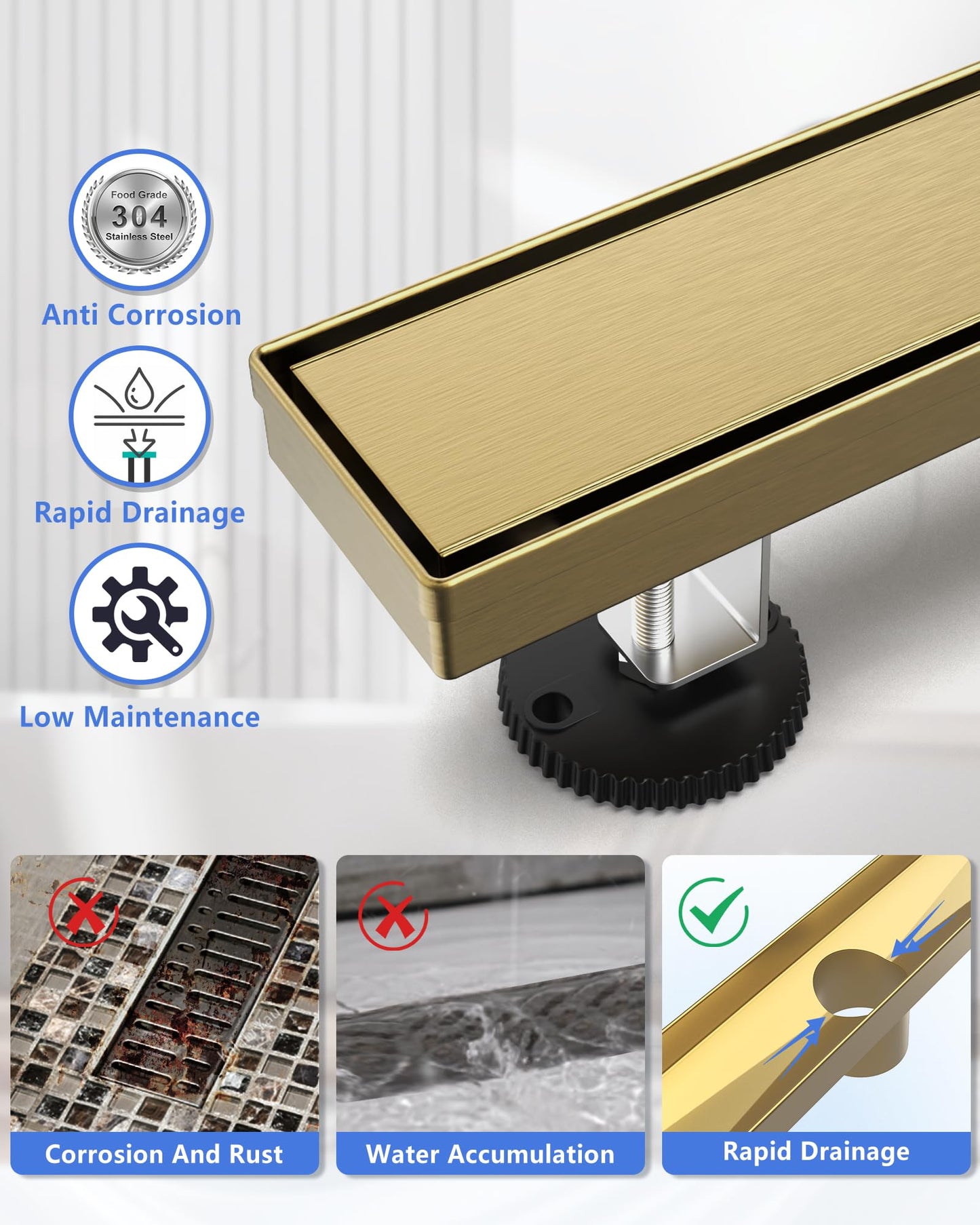YEFU Gold Linear Shower Drain for Bathroom: 42 Inch Shower Drain with Tile Insert Grate - 304 Stainless Steel Rectangle Linear Drain - 2-in-1 Brushed Gold Shower Floor Drain