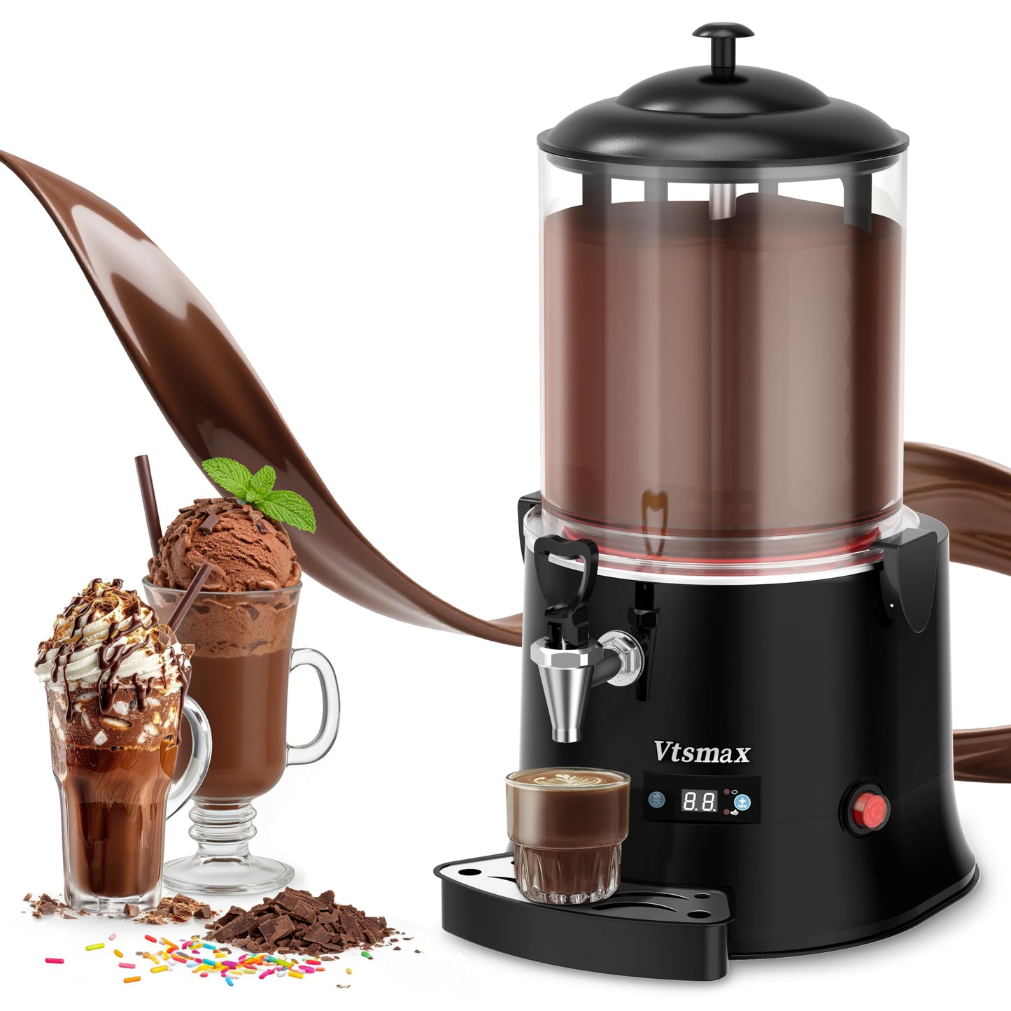 Vtsmax 10L/2.6Gal Hot Chocolate Machine, Commercial Hot Drink Dispenser, 86–194°F Temperature Control Beverage Warmer with Stainless Steel Spout, Removable PC Bowl for Cocoa, Milk, Coffee, Black
