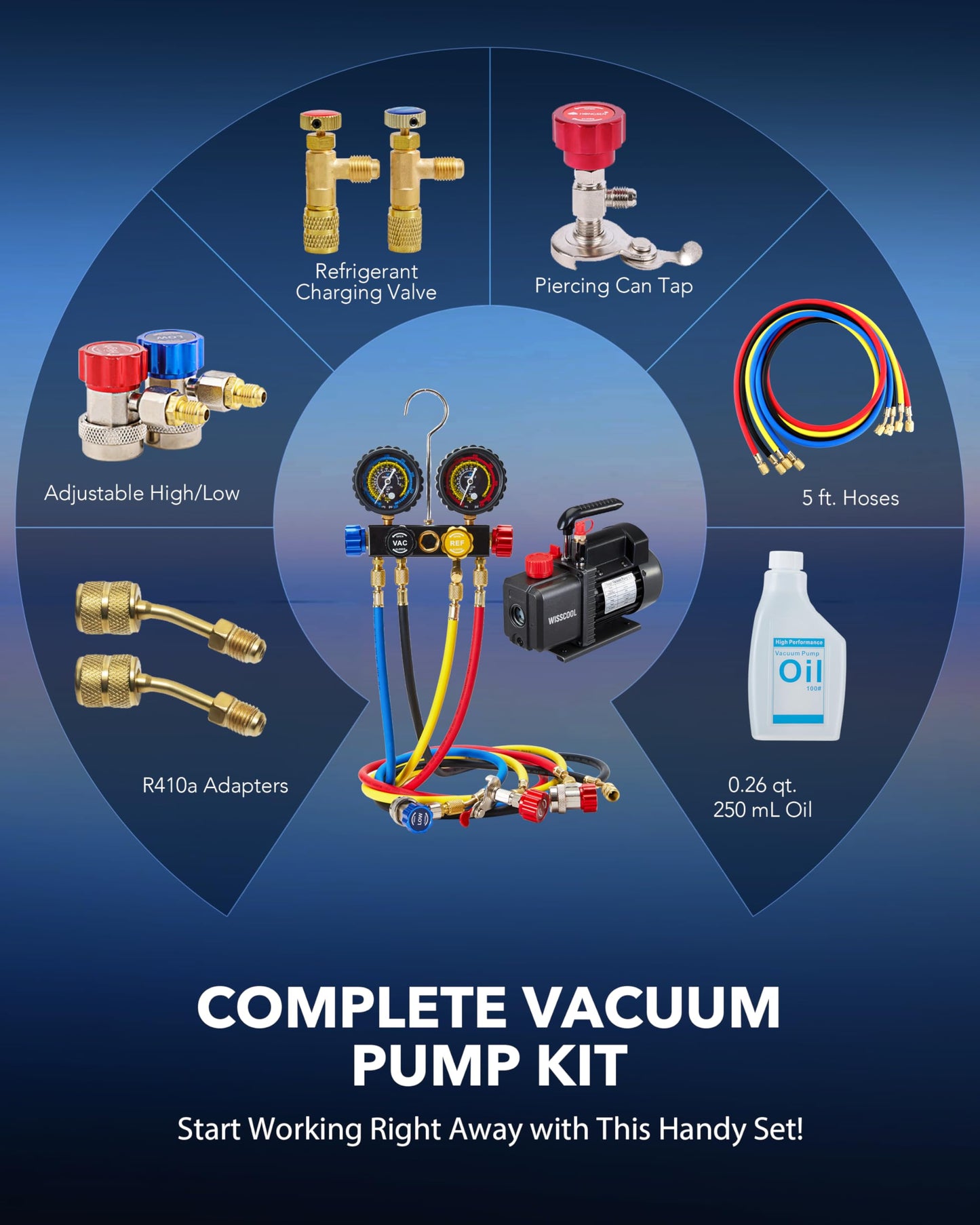 Wisscool 4.5cfm AC Vacuum Pump 4 Way Gauge Set, 110V 1/3 hp HVAC Air Vacuum Pump Manifold Gauge Kit with 4 Hoses Adapters Accessories Carry Bag for R410a R134a R22 Refrigeration Recharging