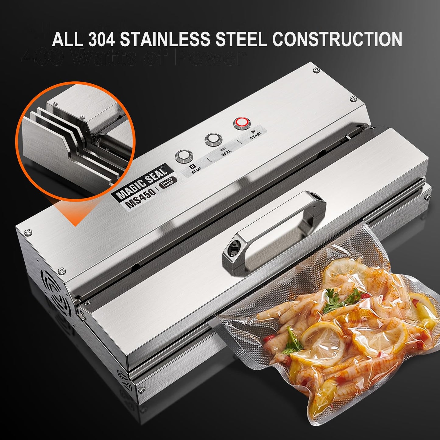 MAGIC SEAL 16'' Commercial Vacuum Sealer - All 304 Stainless Steel Constructed Automatic Vacuum Packaging Machine for Food Storage, 95kPa 400W, Easy-lock Handle, 450 Continuous Seals -MS450