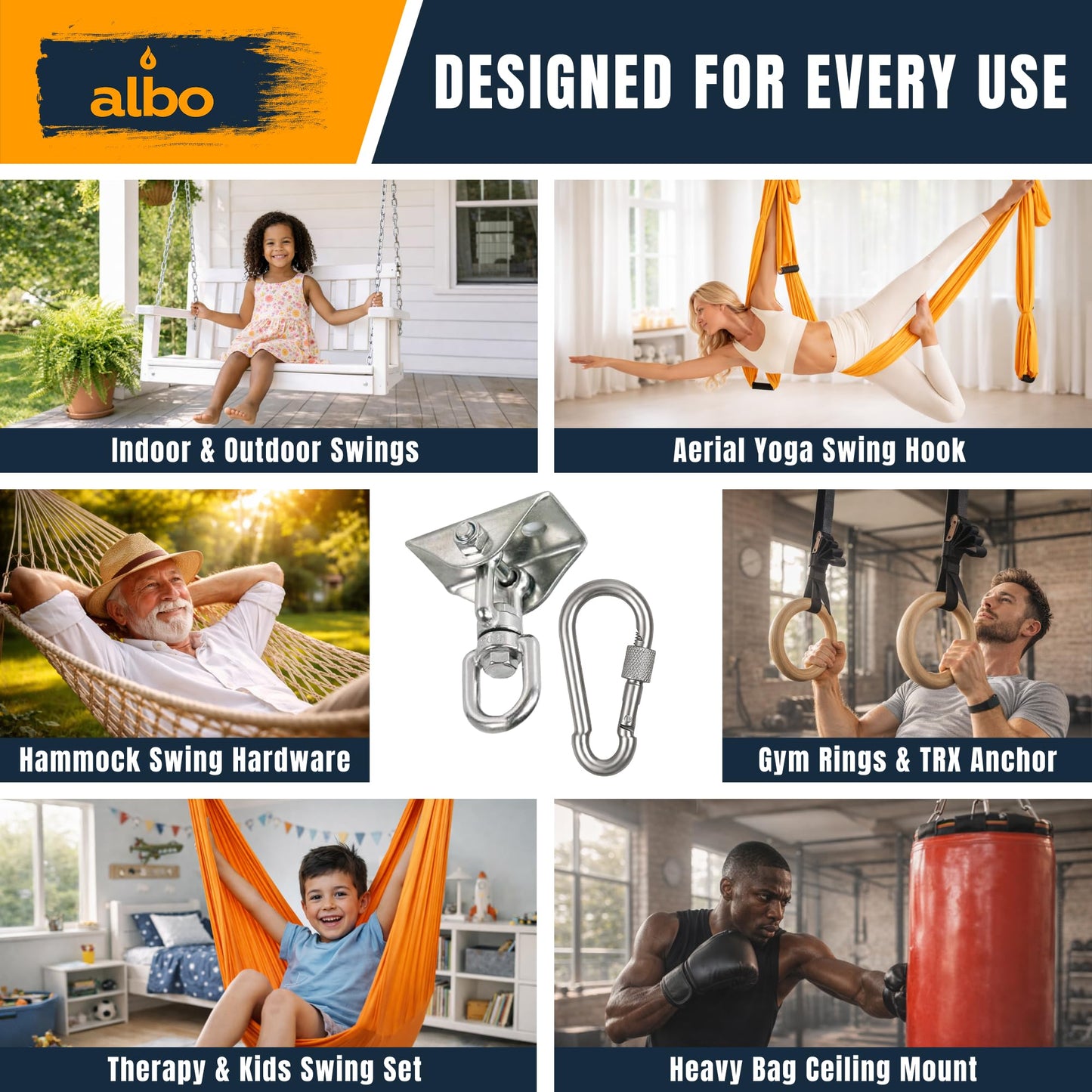 Albo 2650 LBS Heavy Duty Swing Hangers 4 Pack, 360° Swivel Ceiling Mount, Hammock Chair & Porch Swing Hardware,TRX, Yoga Swing & Punching Bag Ceiling Mount for Wood Beam & Concrete