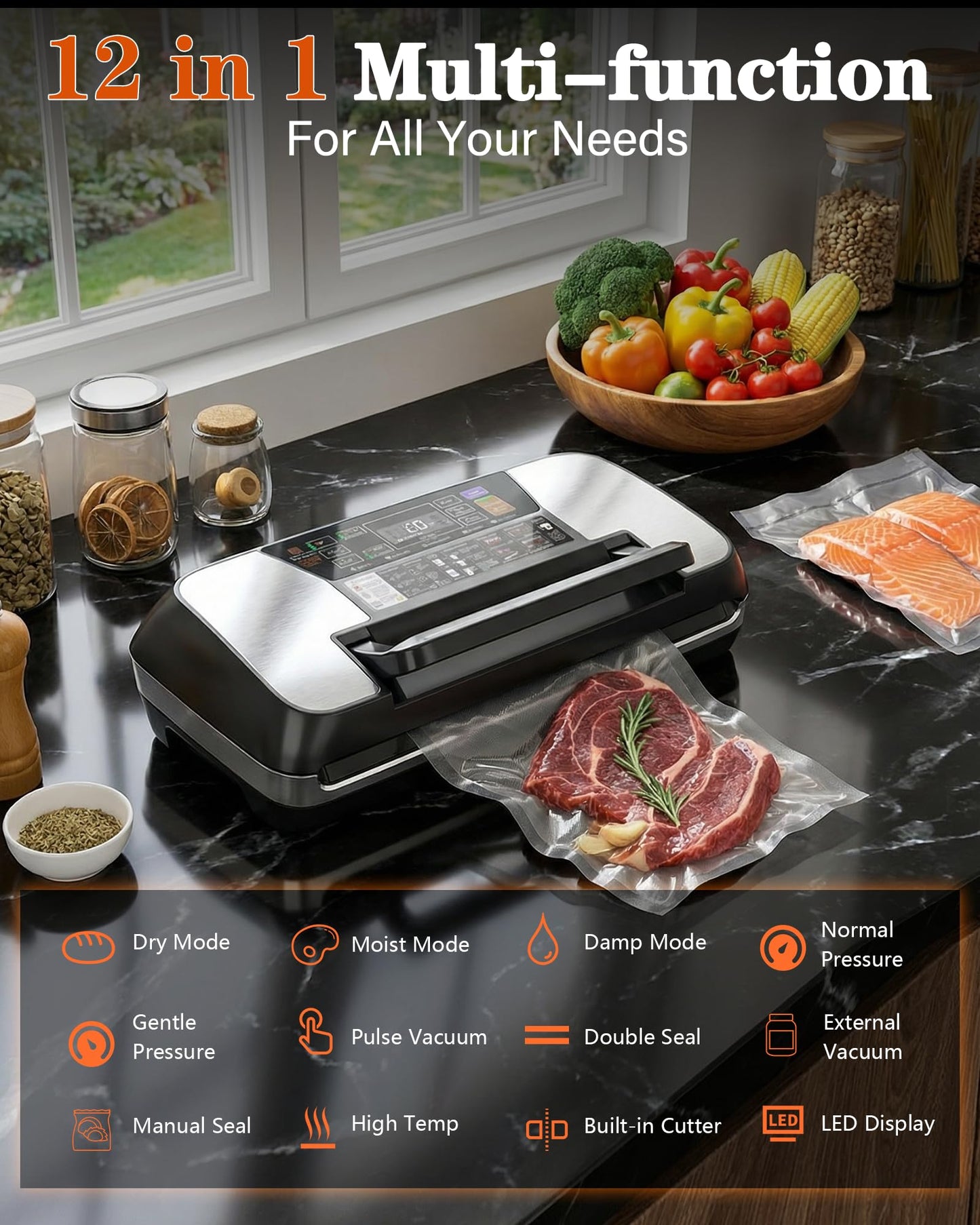 95KPa Food Vacuum Sealer Machine, 230W Vacuum Pack Machine 12-in-1 Automatic Powerful Food Preservation System with Double Heat Seal, Includes Built-in Cutter, Storage, 1 Roll & 10 Bags Black-silver