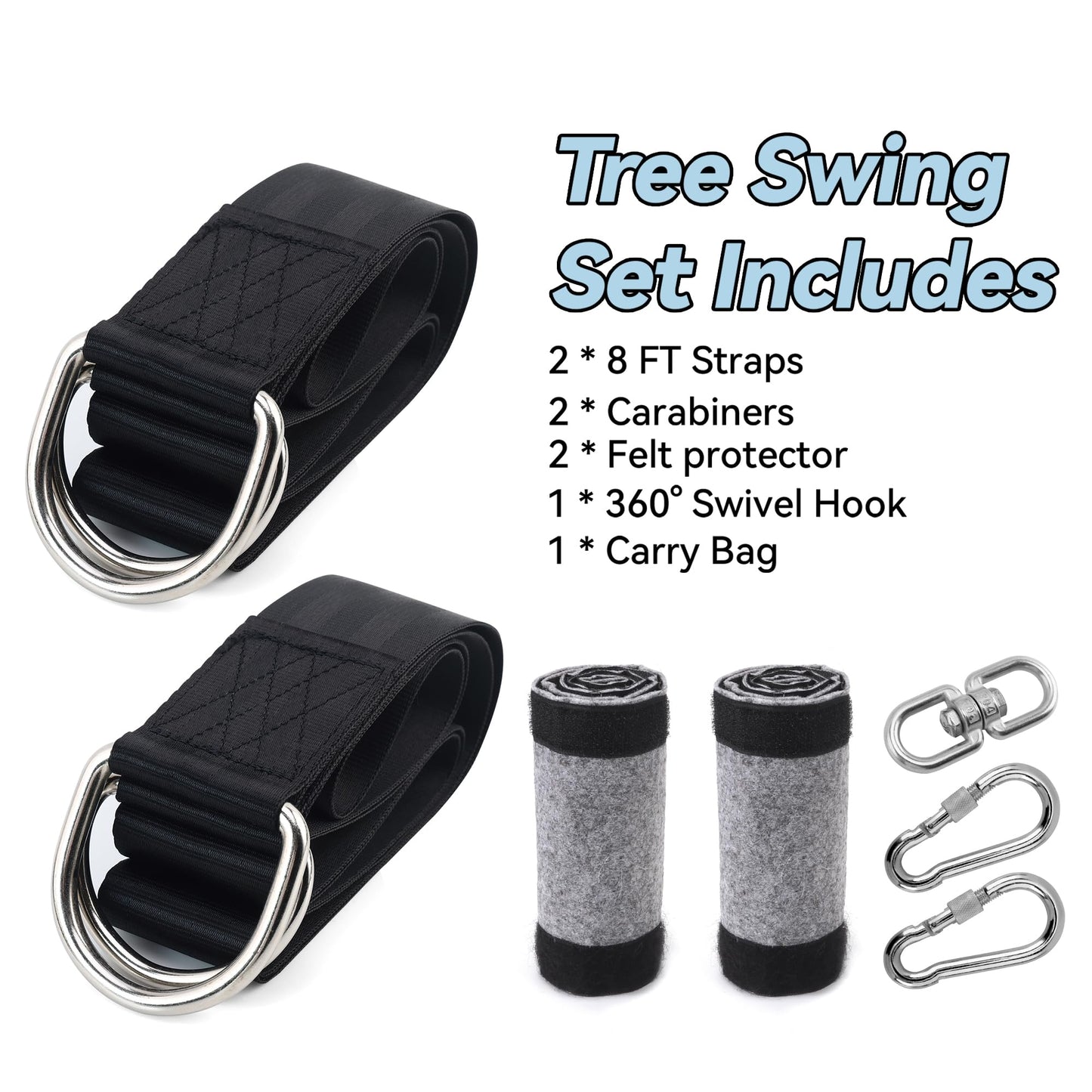 2 Pack Tree Swing Hanging Straps Kit 8FT Extra Long Holds 3000 lbs, Tree Swing Straps+2 Heavy Duty Screw Lock Carabiners+2 Tree Protectors+Swivel Hook, Fast & Easy Way to Hang Any Swing or Hammock