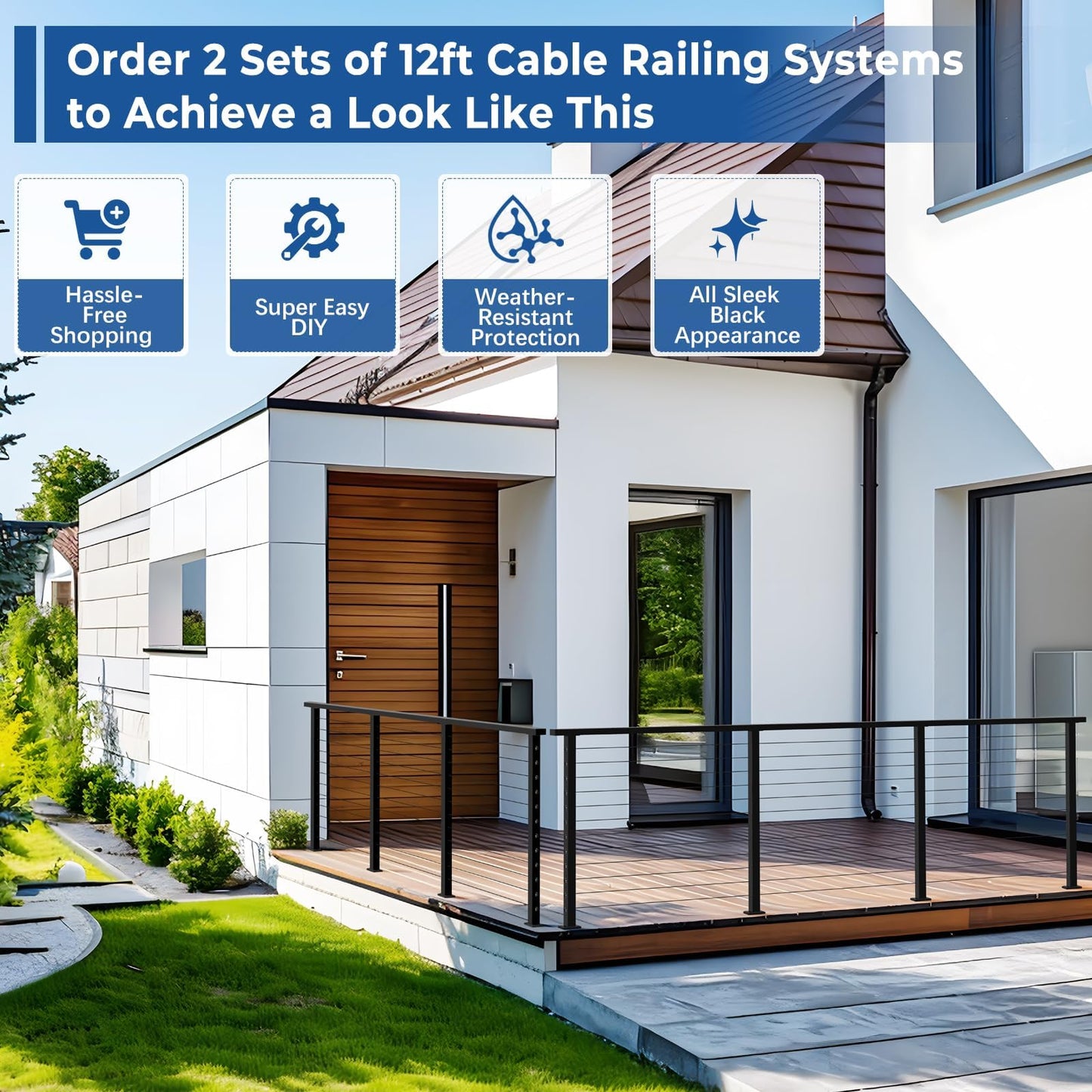 Zylorix 42" 8ft-12ft T304 Stainless Steel Swage Cable Railing Post Kit with Handrail Cuttable, Matte Black Level Cable Railing System with 1/8" Cable Railing Hardware for Outdoors Decks(Not Coastal)