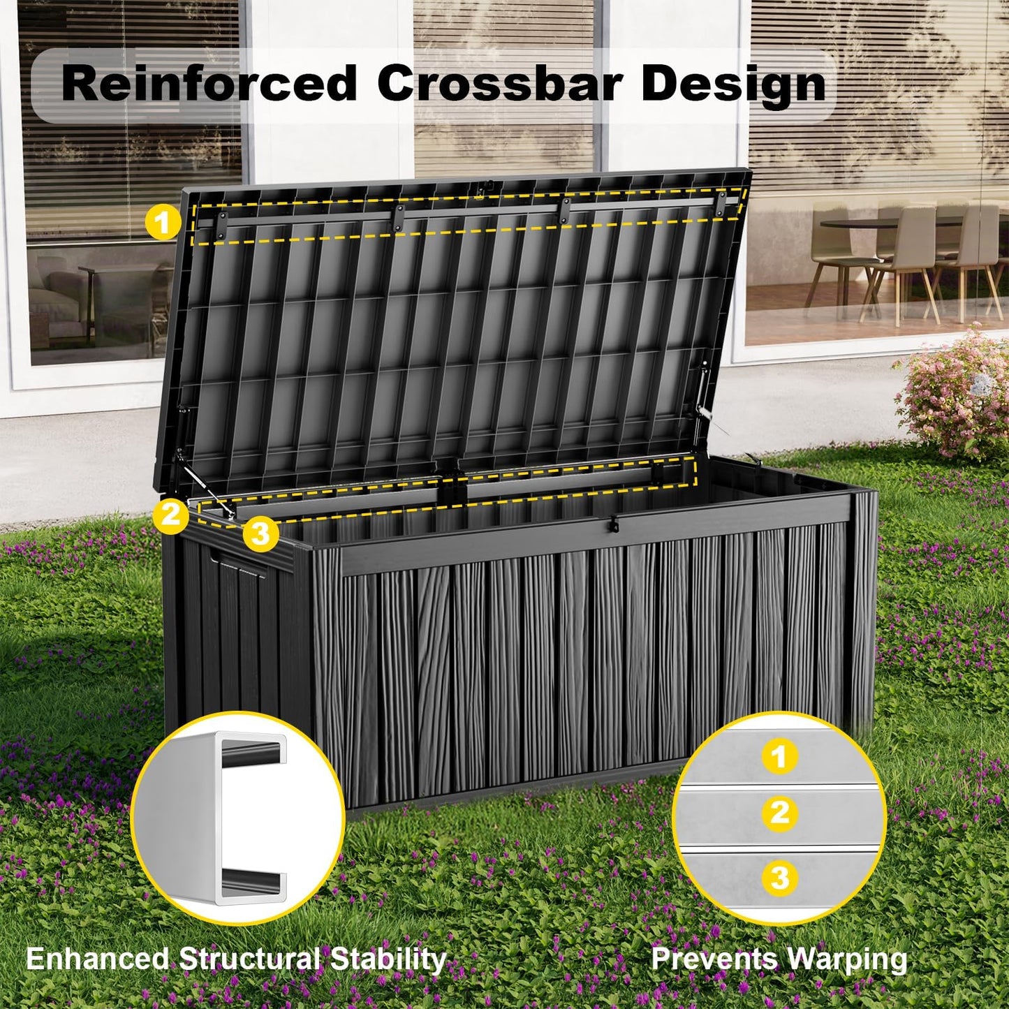 KFY 150 Gallon Large Outdoor Storage Box Waterproof, UV Resistant Resin Deck Box with Hydraulic Rod & Lockable Latch for Patio Furniture, Outside Storage Box for Garden Tools, Patio Cushions, Black