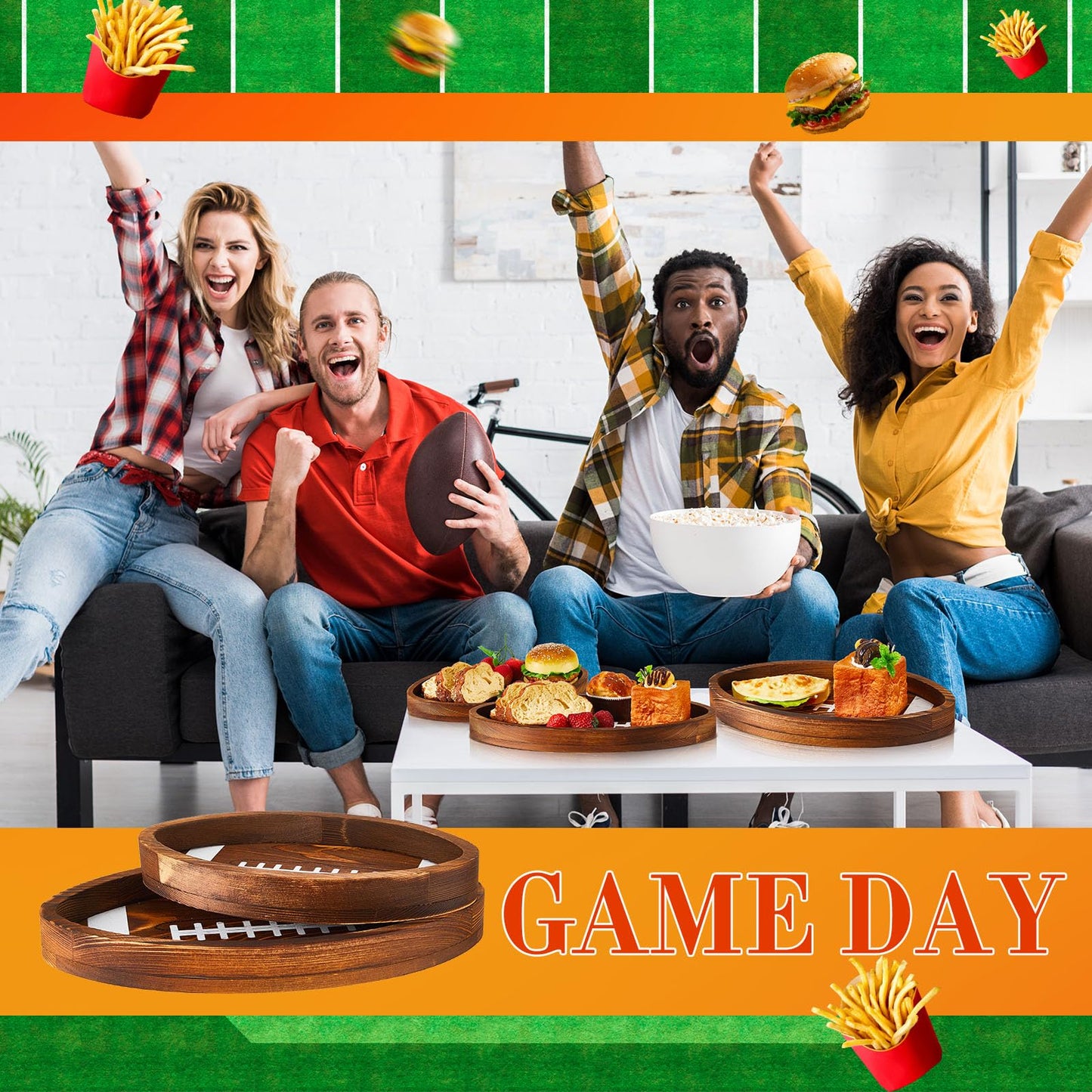 Geetery 3 Pcs Football Serving Trays and Platters Wooden Shaped Football Plates Soccer Serveware Tailgate Party Serving Platter for Game Party Decorations, 13'', 11'', 8.7''