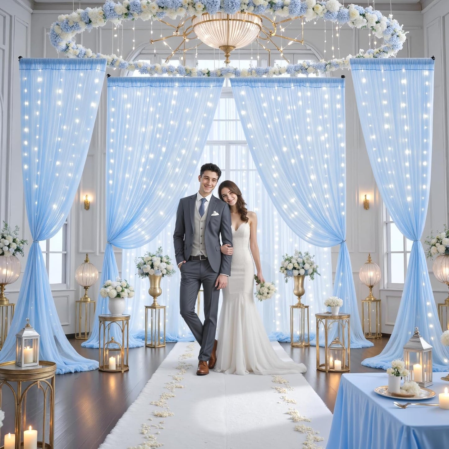 Suppromo 10ft 10ft x Baby Blue Tulle Photo Backdrop Curtain with Lights String for Parties Wedding Sheer Blue Curtain