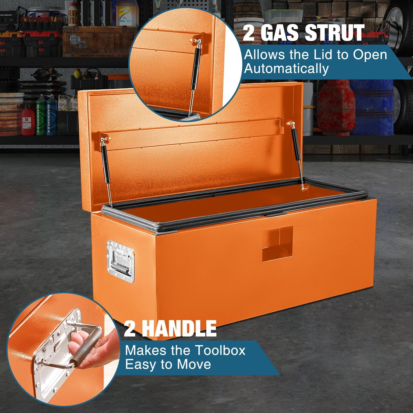 PeakPursuit Heavy Duty Orange Steel Truck Bed Tool Box – 48x15x15 in Weatherproof Lockable Storage Chest, Powder-Coated Metal Safe for Pickup, RV, Trailer, Grooved Cover Style