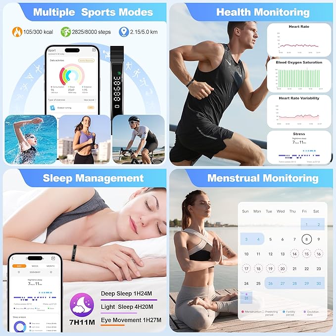 Sleep & Fitness Tracker with 2 Bands, Lightweight Smart Bracelet Wristband for Women Men, 24/7 Heart Rate, Blood Oxygen & Stress Monitor, Waterproof Health Trackers, No Subscription Fee（Black）