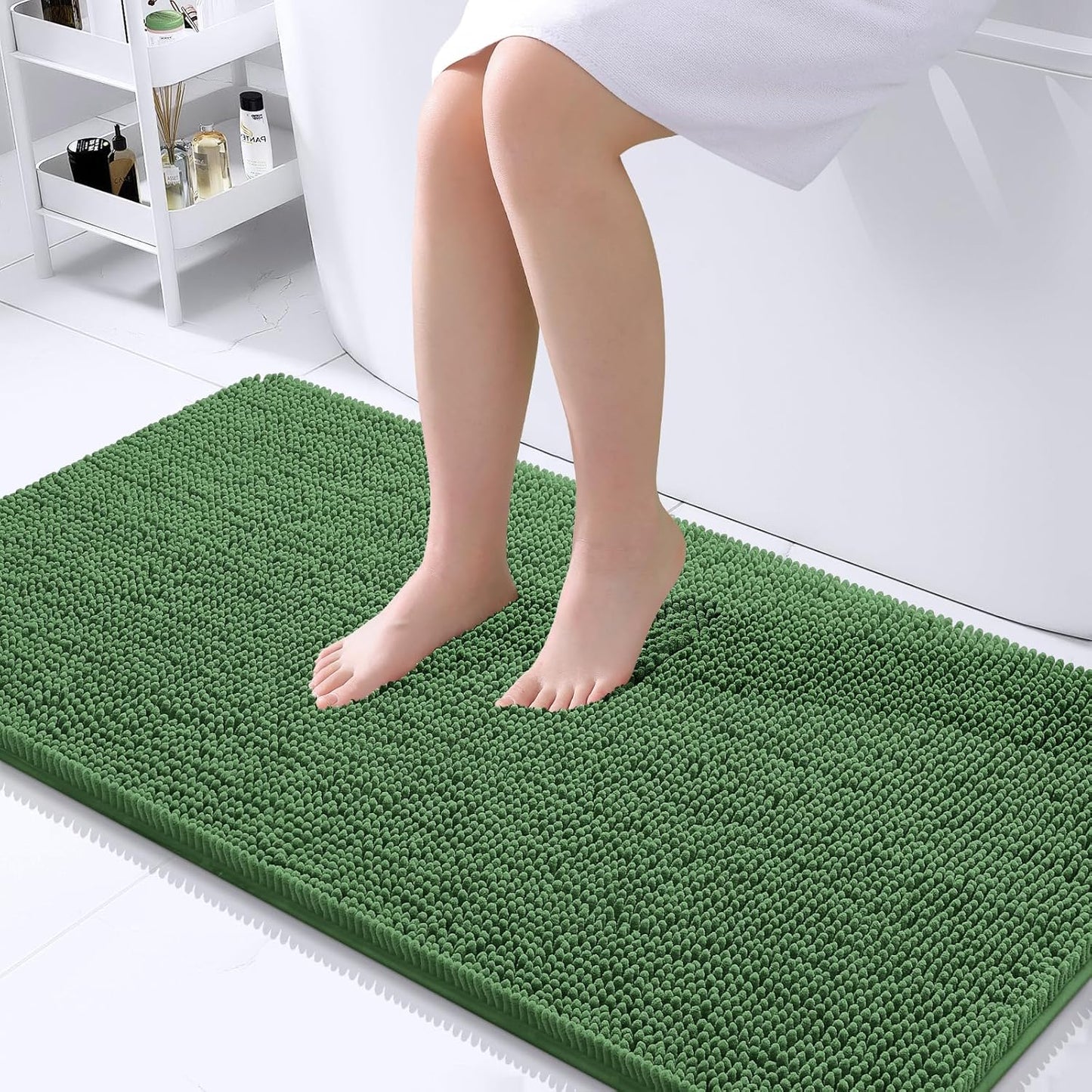 OLANLY Bathroom Runner Rugs - Soft Chenille Bath Mats with Rubber Backing | 44x24, Olive Green, Quick Dry
