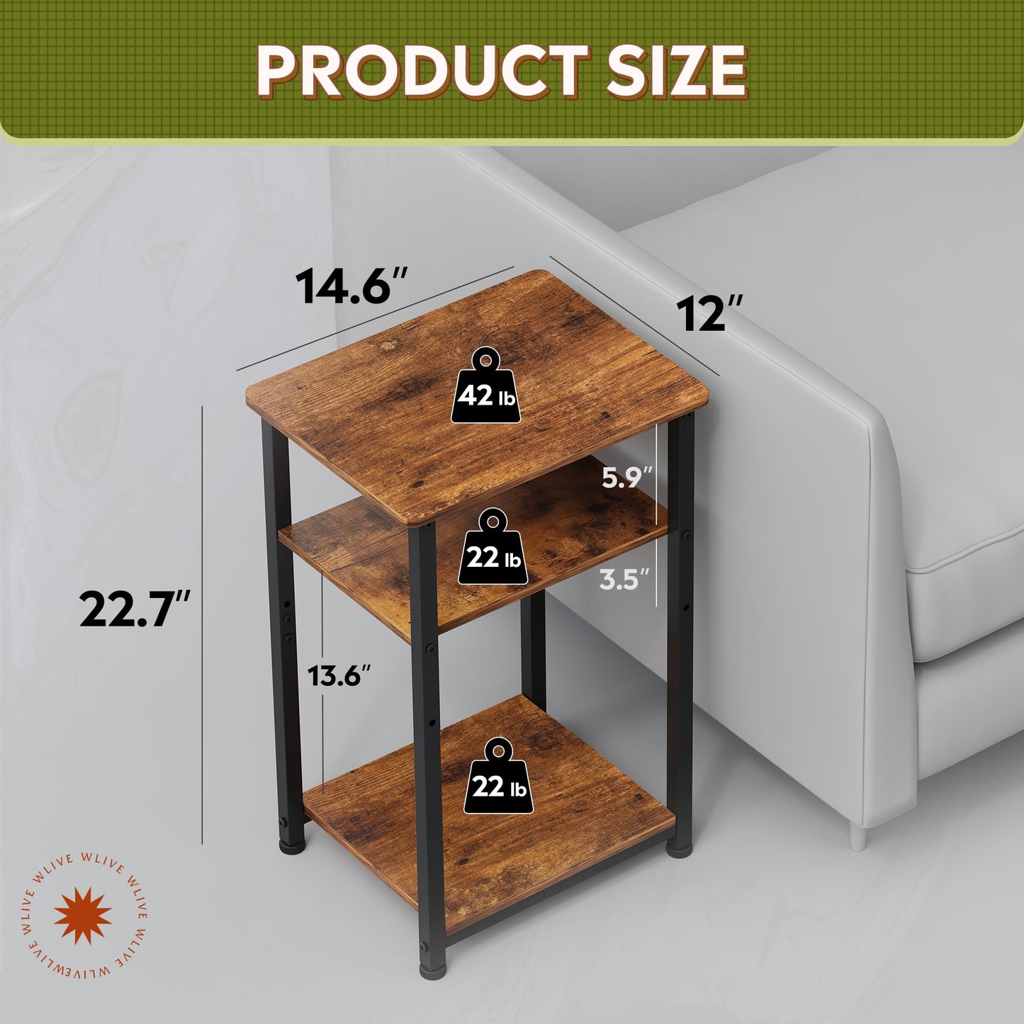 WLIVE End Tables Living Room Set of 2, Small End Table for Two, Narrow Side Table for Bedroom, Home Office, Small Spaces, 3-Tier End Table for Couch, Sofa, Bed, Rustic Brown