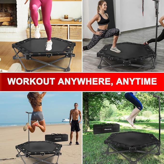 Foldable Mini Trampoline — One-Step Fold & Open, 42" Rebounder Trampoline for Adults & Kids, 450lbs Max Load, Adjustable T-Bar, Indoor & Outdoor Workout