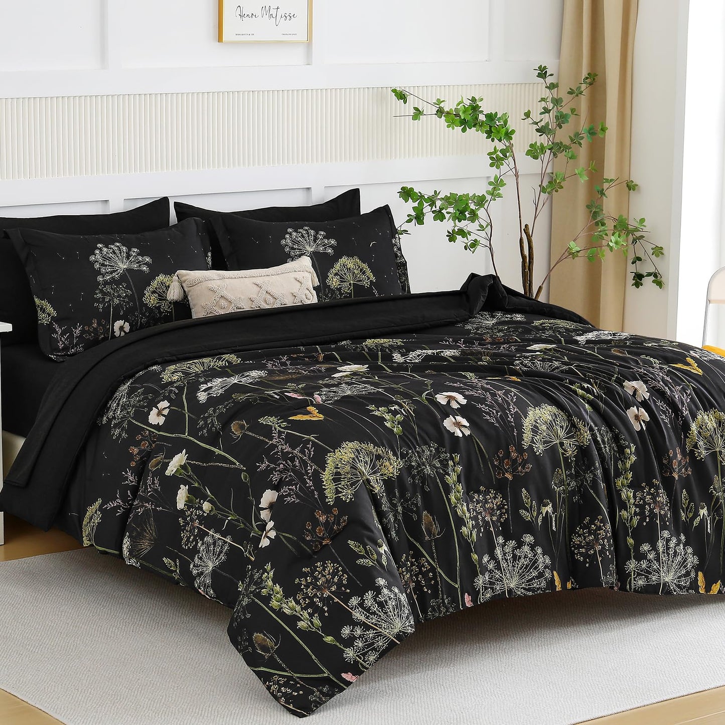 Yiran Queen Comforter Set, 7 Piece Black Dandelion Floral Comforter Bedding Set, Winter Bed in a Bag Queen, Soft Microfiber Complete Bedding Set with Sheets for All Season