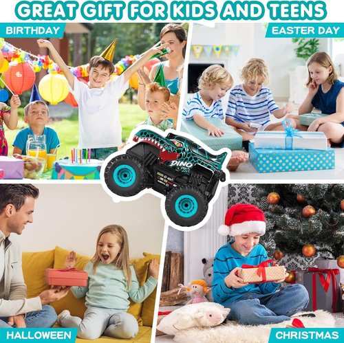 DYODYORC Remote Control Car - 2.4GHz All-Terrain Dinosaur Monster Truck with Music & Lights | 360 Stunt Capable, 2 Batteries, Cyan