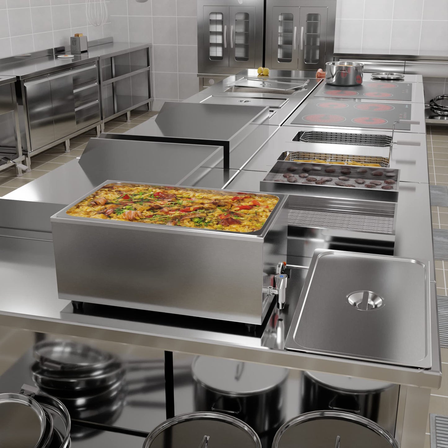 KoolMore Commercial Bain Marie Countertop Food Warmer, Soup Station, and Buffet Table Server with One Serving Section and Tap, Stainless-Steel Steamer with Auto Shut Off (CFW-1T), Silver