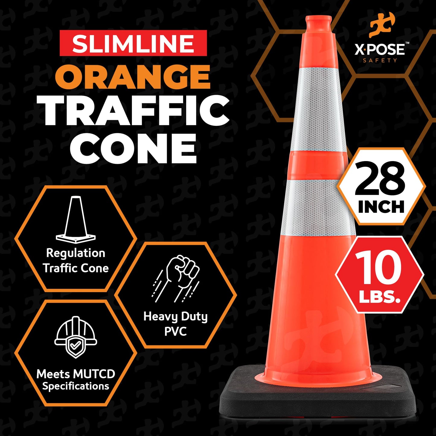 Xpose Safety 28 Inch Orange Slim Line Traffic Cones Heavy Duty 10lb with 6" & 4" Collars, 6 Pack Multipurpose PVC Plastic Safety Cone for Parking, Soccer, Caution, Kids & Construction - DOT Approved