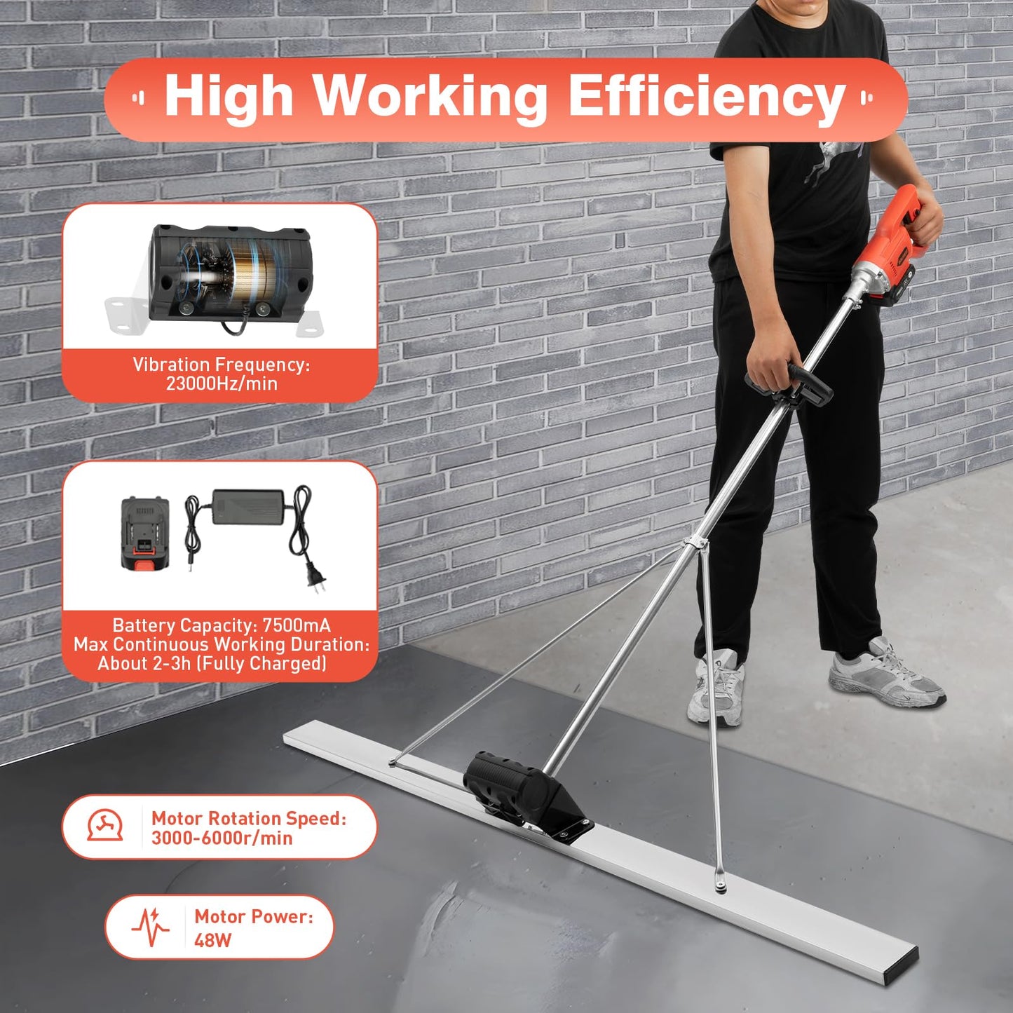110V 48W Electric Concrete Float, Concrete Vibratory Screed Vibrating Bull Float Concrete Screed Board with 4.94 FT Stainless Steel Screed Board for Vibration-Leveling Concrete Surfaces