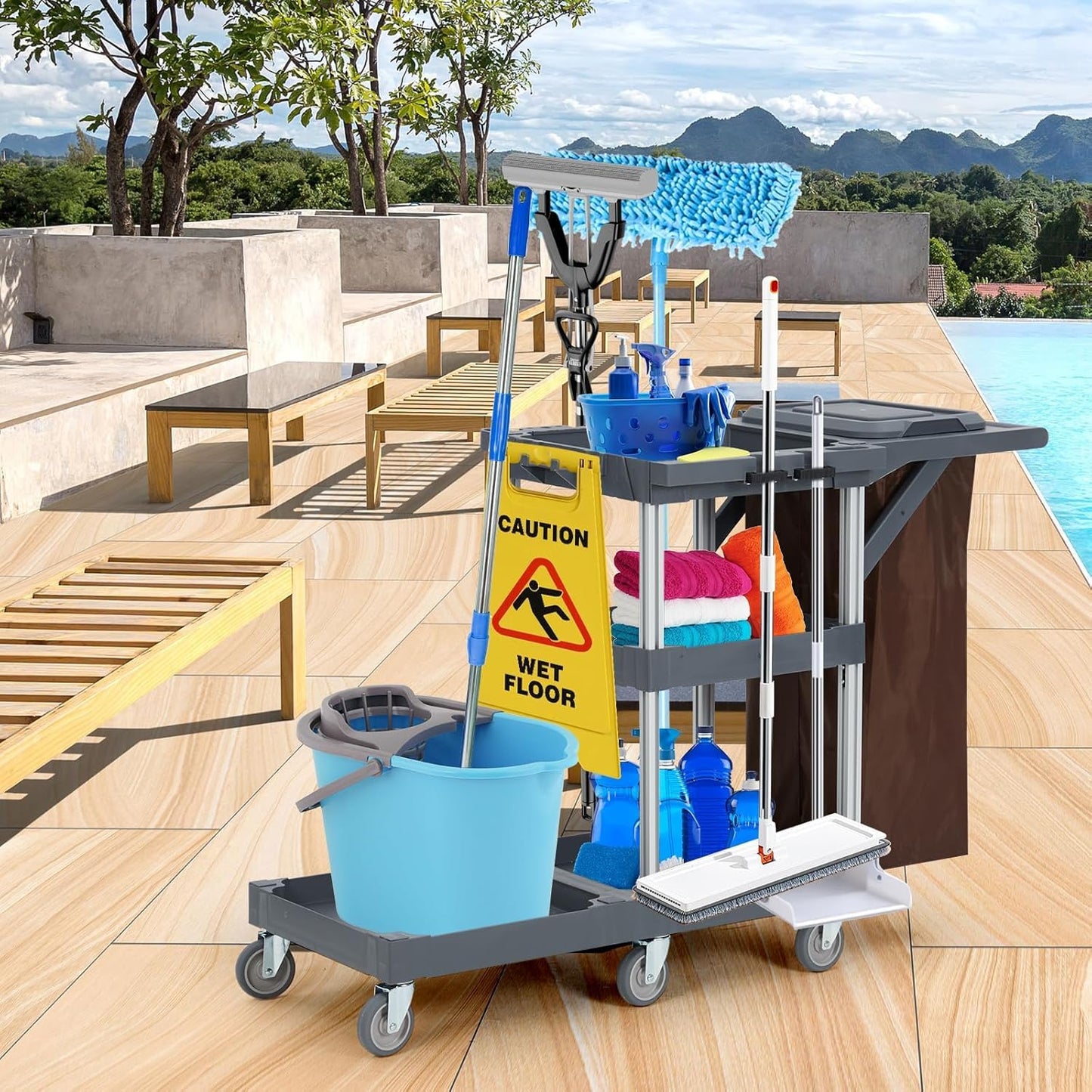 Commercial Traditional Janitorial 3-Shelf Cleaning Cart On Wheels with Cover and Vinyl Bag, Custodial Cart, Housekeeping Carts for Hotels, Stores, Schools, and Business