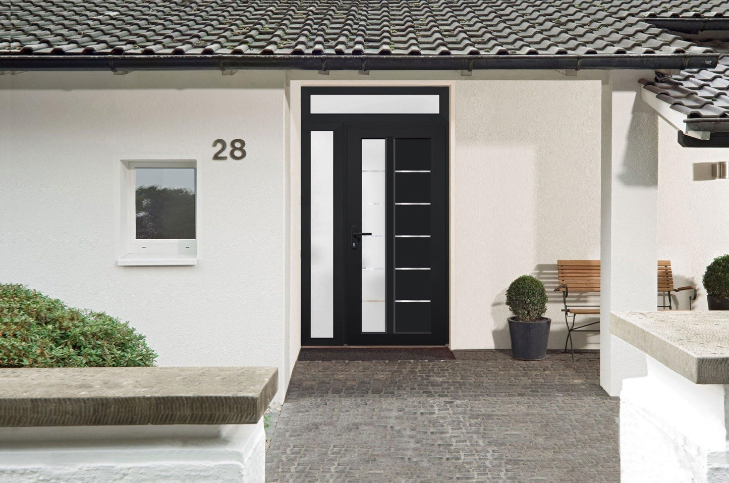 VDOMDOORS Front Exterior Prehung Fiberglass Door Frosted Glass/Manux 8088 Matte Black/Side and Top Exterior Window/Entrance Patio Garage-W30+16" x H80+14"-Right-Hand Inswing