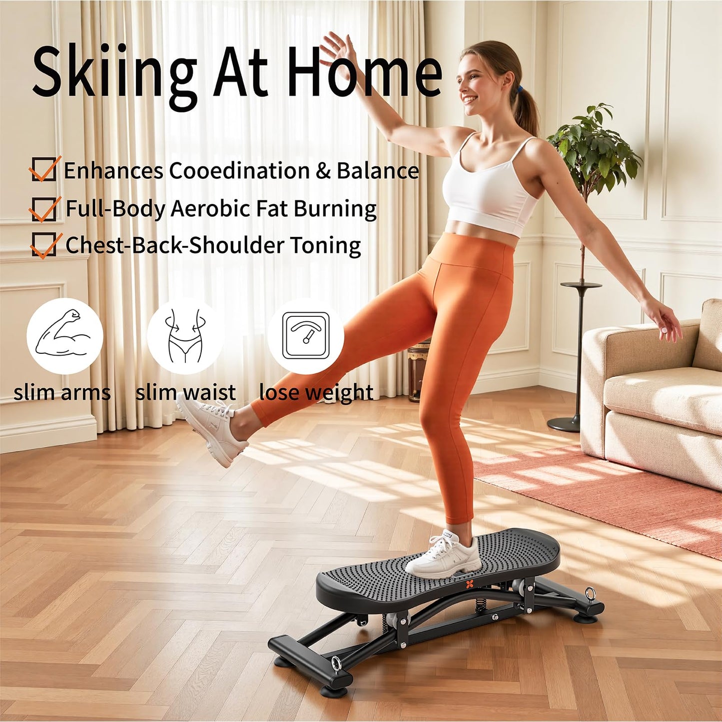 Balance Board for Adults, Rocking Stepper with Resistance Bands, Portable Wobble Board with LCD Monitor, 300 lbs Capacity Ski Trainer for Full Body Workout at Home Gym (Black)
