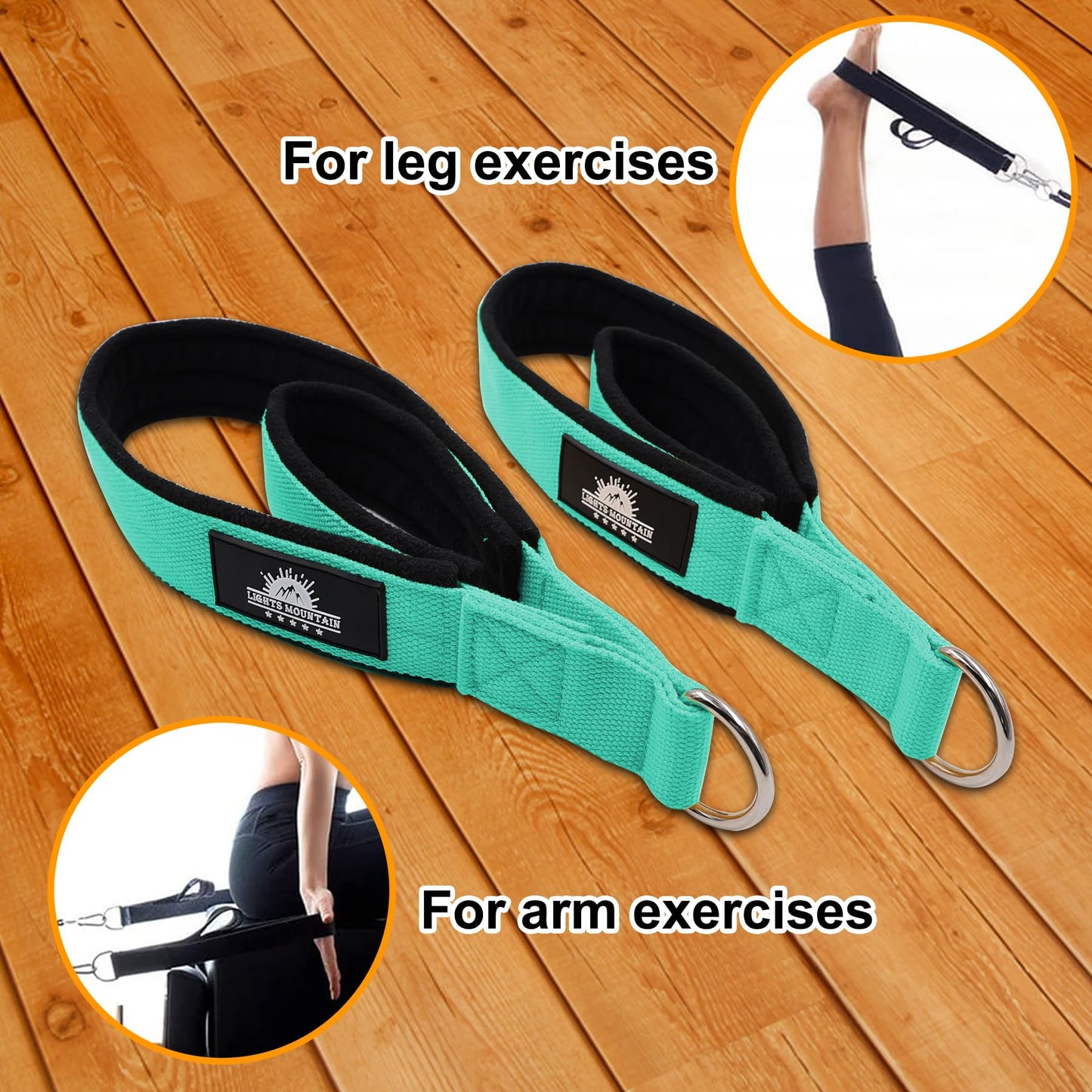 Lights Mountain Durable Pilates Double Loop D-Ring Straps - Padded Handles for Reformer, Yoga & Home Gym Workouts (lakegreen L)