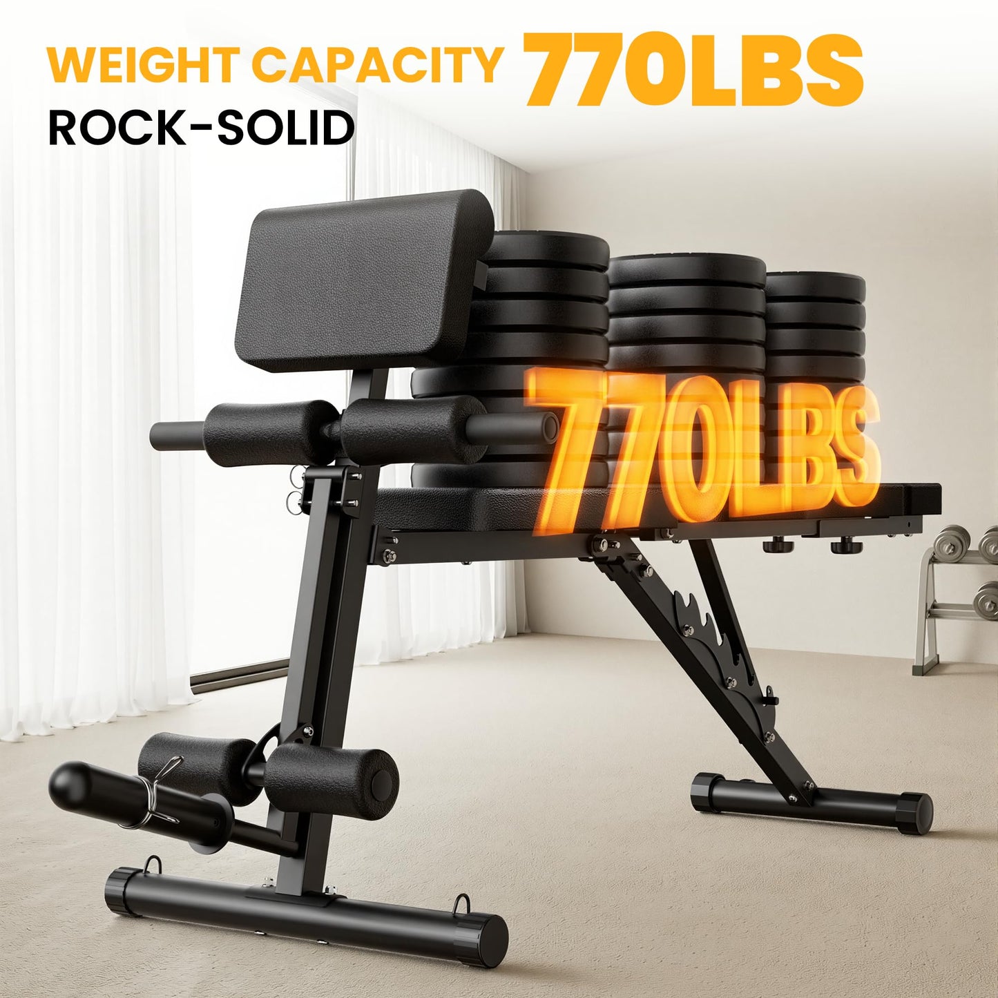 Steelite Adjustable Weight Bench for Home Gym, Foldable Workout Bench with Leg Extension and Leg Curl, 770 LBS Multi-Function Preacher Curl Weight Bench for Full Body Training Fitness, Incline Decline Flat Sit Up Bench Home Gym Equipment with Wheels for B