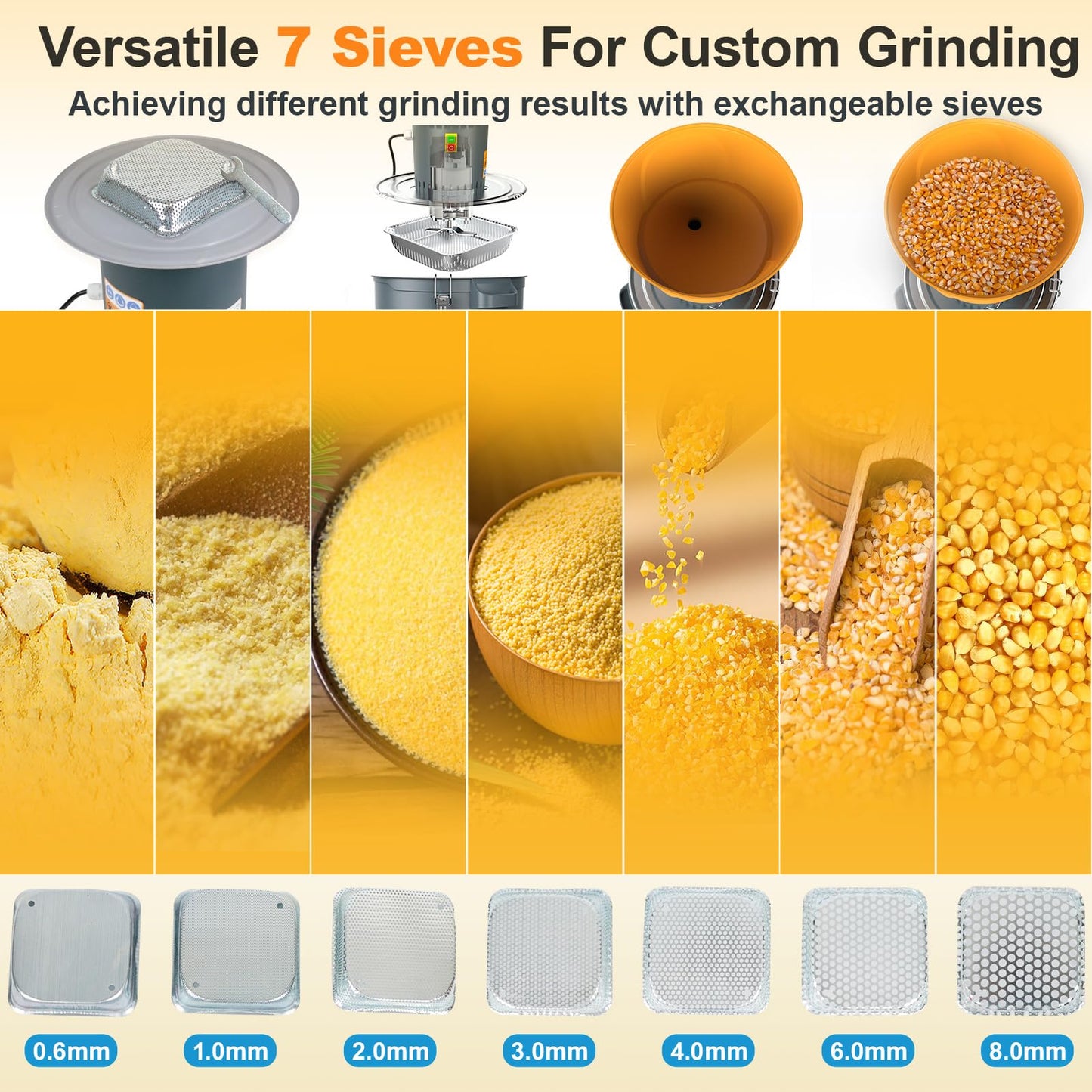 DETODDA 15.8 Gallons Corn Grinder Mill, Dry Grain Mill Grinders Electric, Grain Grinder Mills, Farm Home Wheat Grinders for Spice Rice Feed Flour Cereals, 7 Sizes Sieves