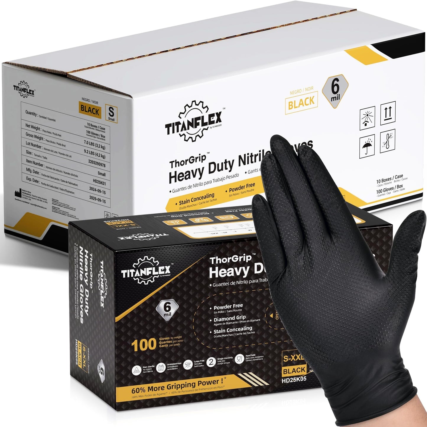 TitanFlex Heavy Duty Black Nitrile Gloves, XL, 6 Mil with Raised Diamond Texture, Industrial Work Gloves Disposable Latex Free, Powder Free, Mechanic Disposable Gloves (Box of 1000)