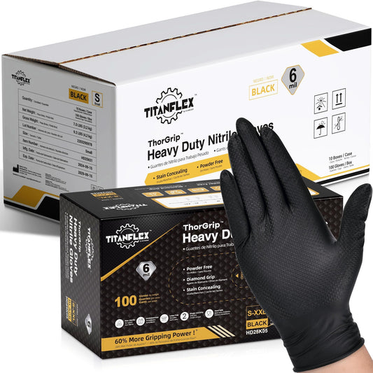 TitanFlex Heavy Duty Black Nitrile Gloves, XL, 6 Mil with Raised Diamond Texture, Industrial Work Gloves Disposable Latex Free, Powder Free, Mechanic Disposable Gloves (Box of 1000)