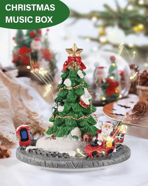 iStatue Rotating Musical Christmas Tree Figurine - 6” Tall Resin Holiday Decoration with Santa Train, Plays “Merry Christmas”