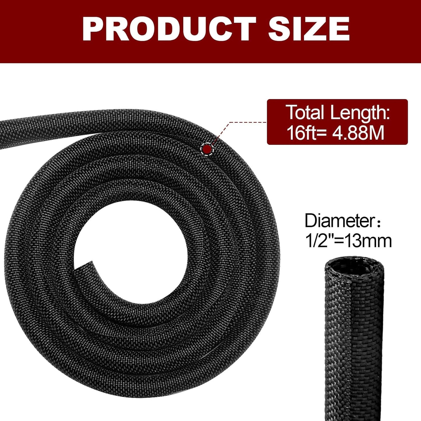 MTJSWXSY Black16ft-1/2inch Automotive Wire Loom High Temperature Braided Wraps, Split-Sleeve Heat Resistant Wiring