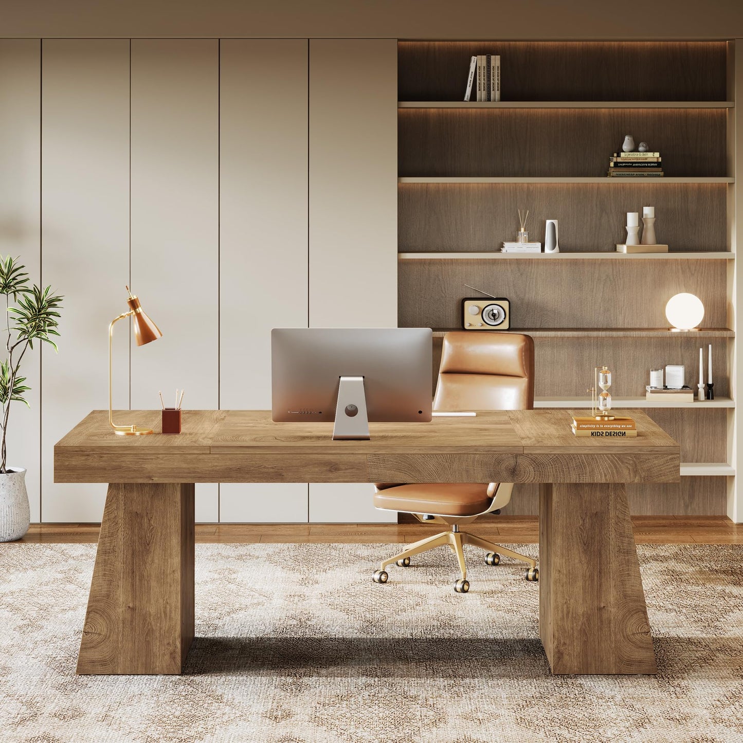Tribesigns 55-Inch Executive Desk, Thick Wood Office Computer Desk with Double Pedestal, Modern Minimalist Workstations Writing Table Conference Table Furniture for Home Office, Brown