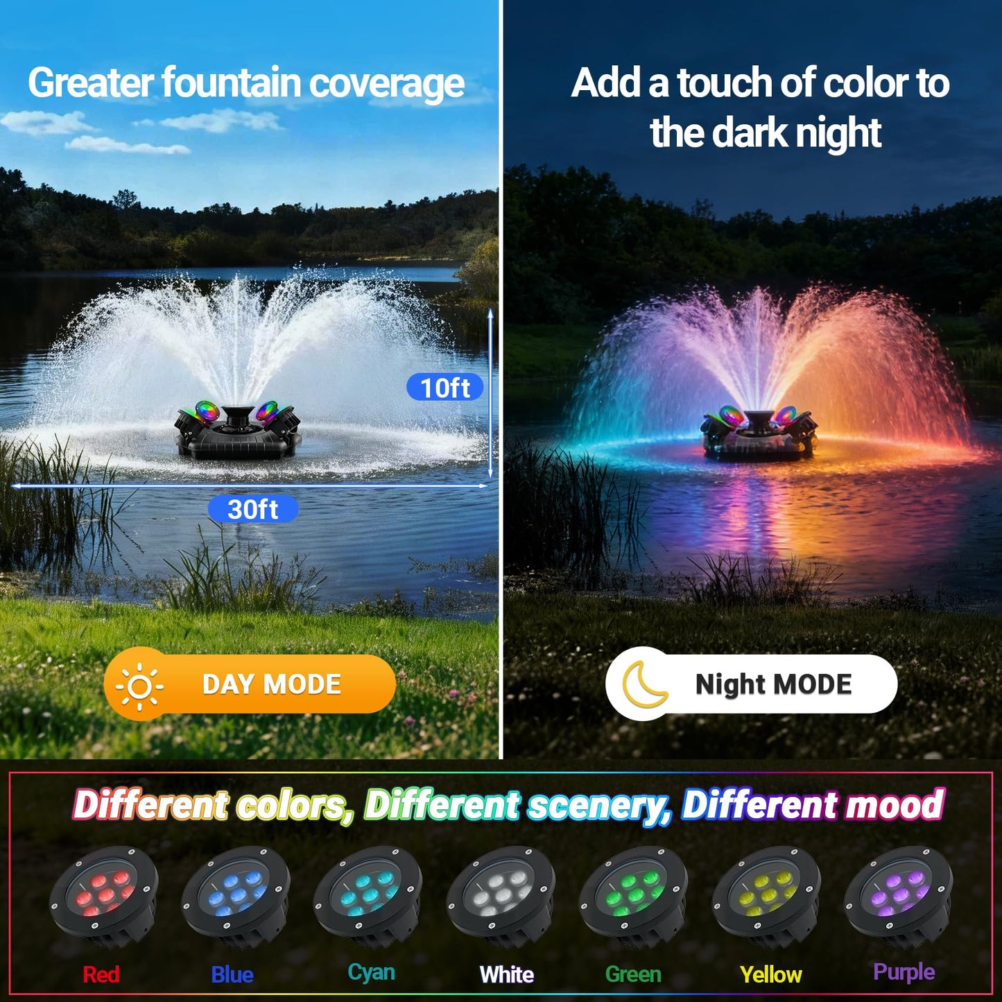 Pond Fountain Aerator with Lights Dynamic RGB Light 1HP 750W Floating Fountain for Pond Lake, 110V 15000 GPH Fully Automatic Stainless Steel Fountain Pump 100Ft Cord with 4 LED Lights and Nail, Rope