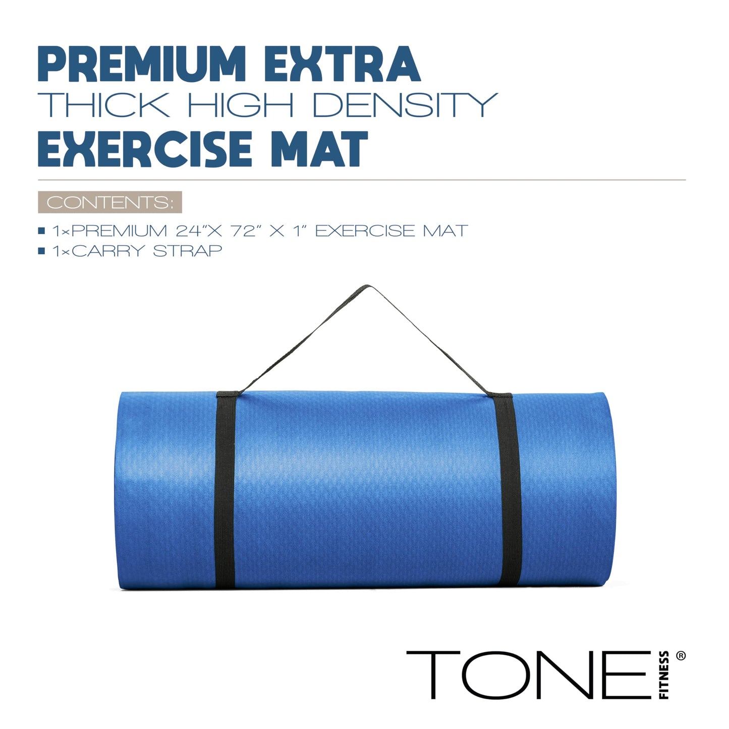 Tone Fitness Premium Extra Thick 1-Inch High Density Exercise Mat with Carry Strap – Non-Slip Workout, Pilates, and Yoga Mat for Home Gym - Color Blue - Diamond Pattern